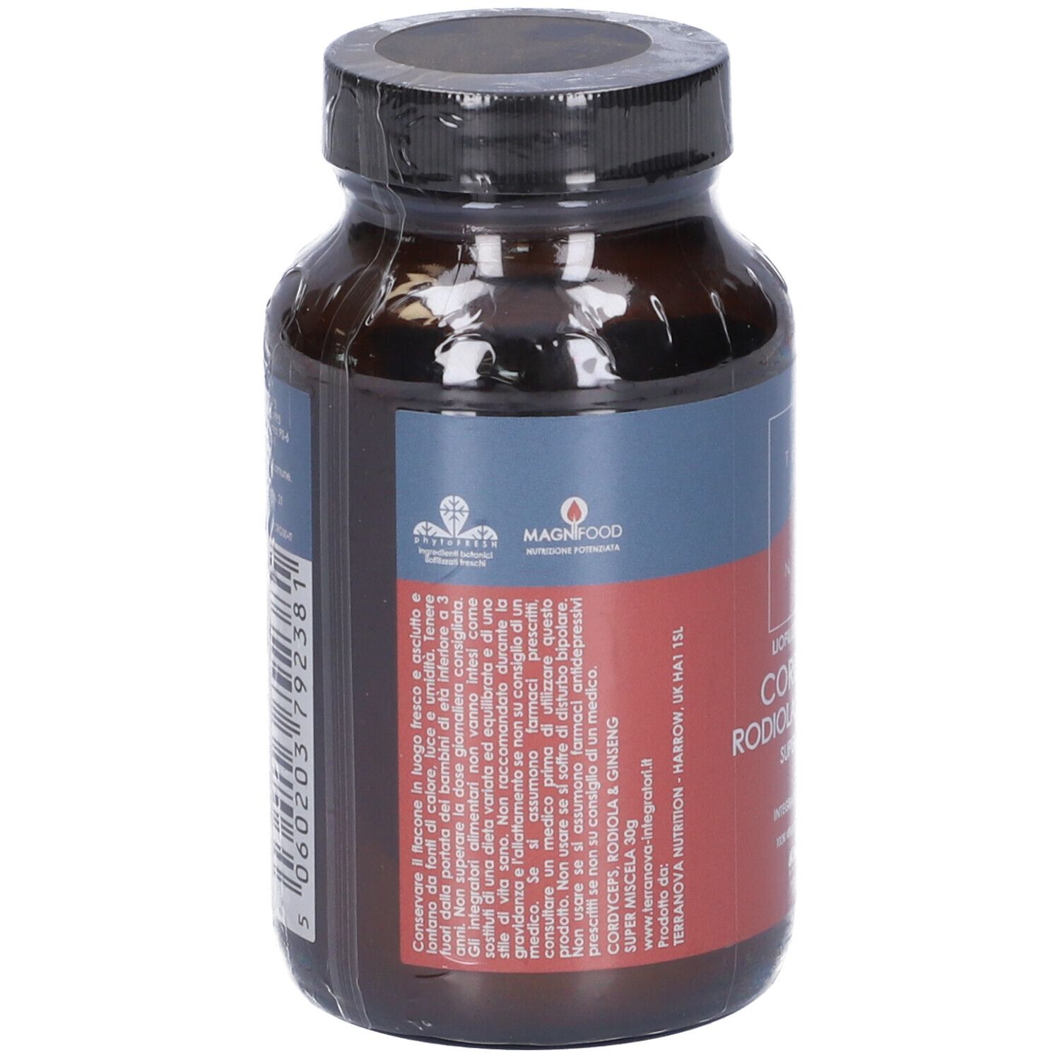 Flacone di vetro marrone con tappo nero. Retro con testo e codice a barre. Confezionato in pellicola.