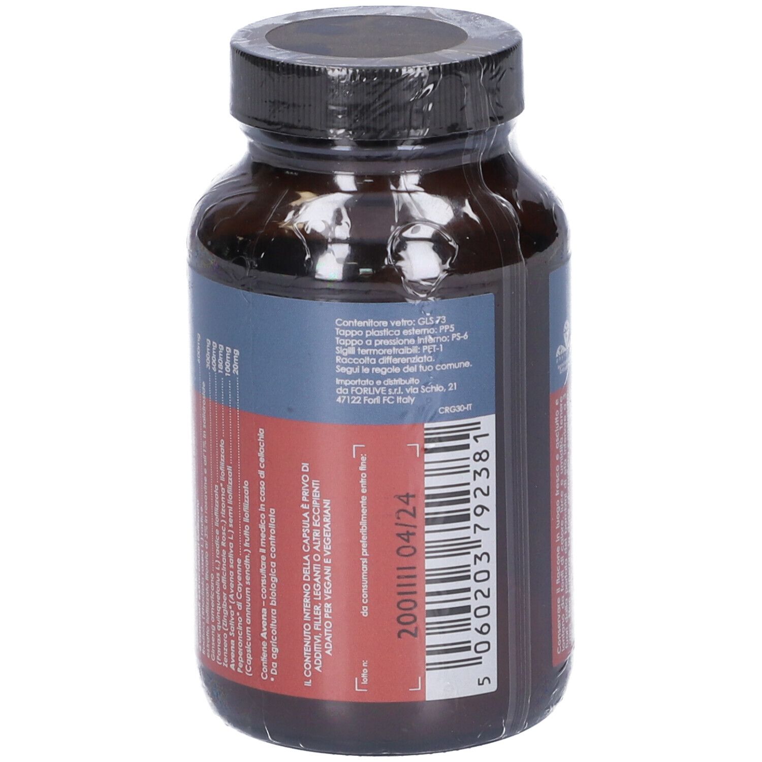Flacone di vetro marrone con tappo nero. Retro con testo e codice a barre. Confezionato in pellicola.