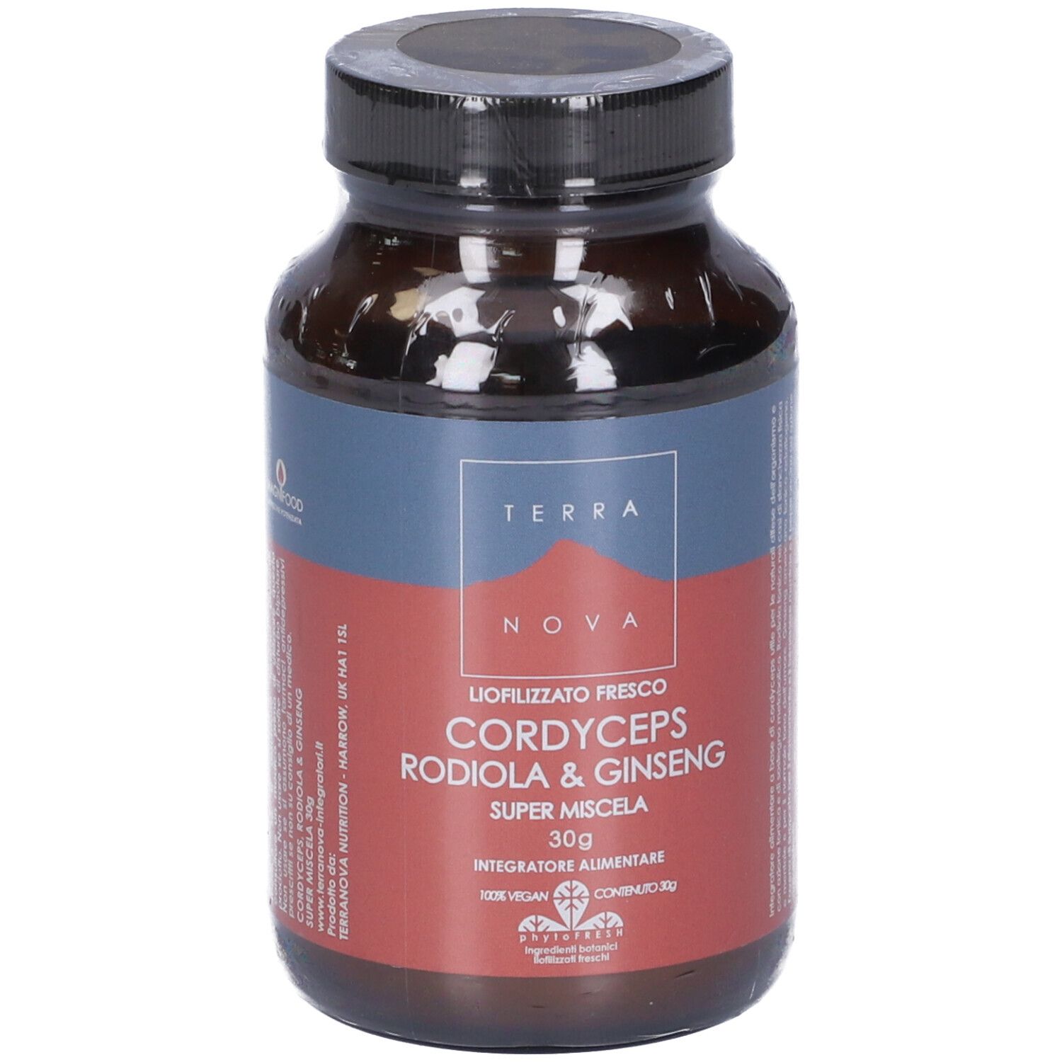 Flacone di vetro marrone con tappo nero. Etichetta con testo: Cordyceps Rodiola & Ginseng. Marchio: Terra Nova.