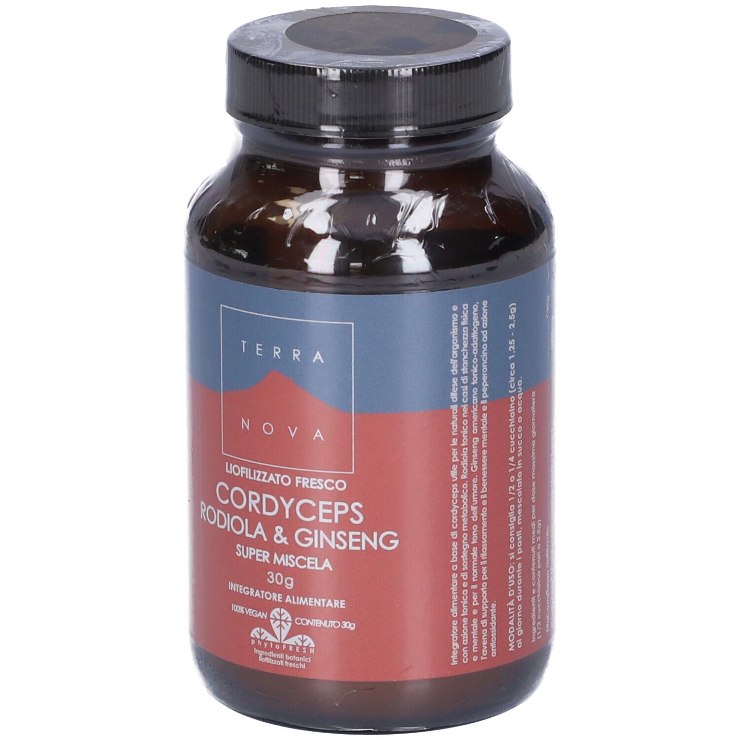 Flacone di vetro marrone con tappo nero. Etichetta con testo: Cordyceps Rodiola & Ginseng. Marchio: Terra Nova.