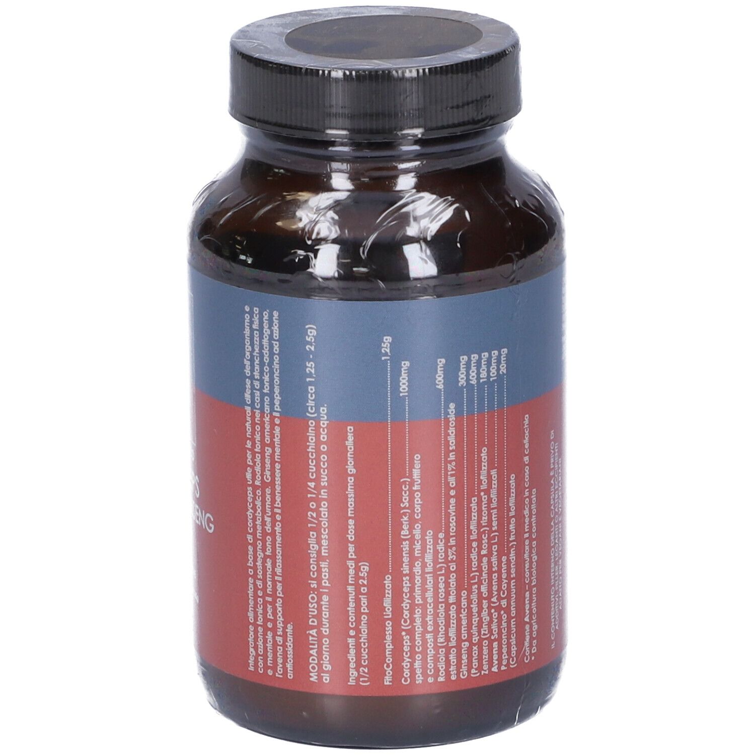 Flacone di vetro marrone con tappo nero. Retro con testo e ingredienti. Confezionato in pellicola.