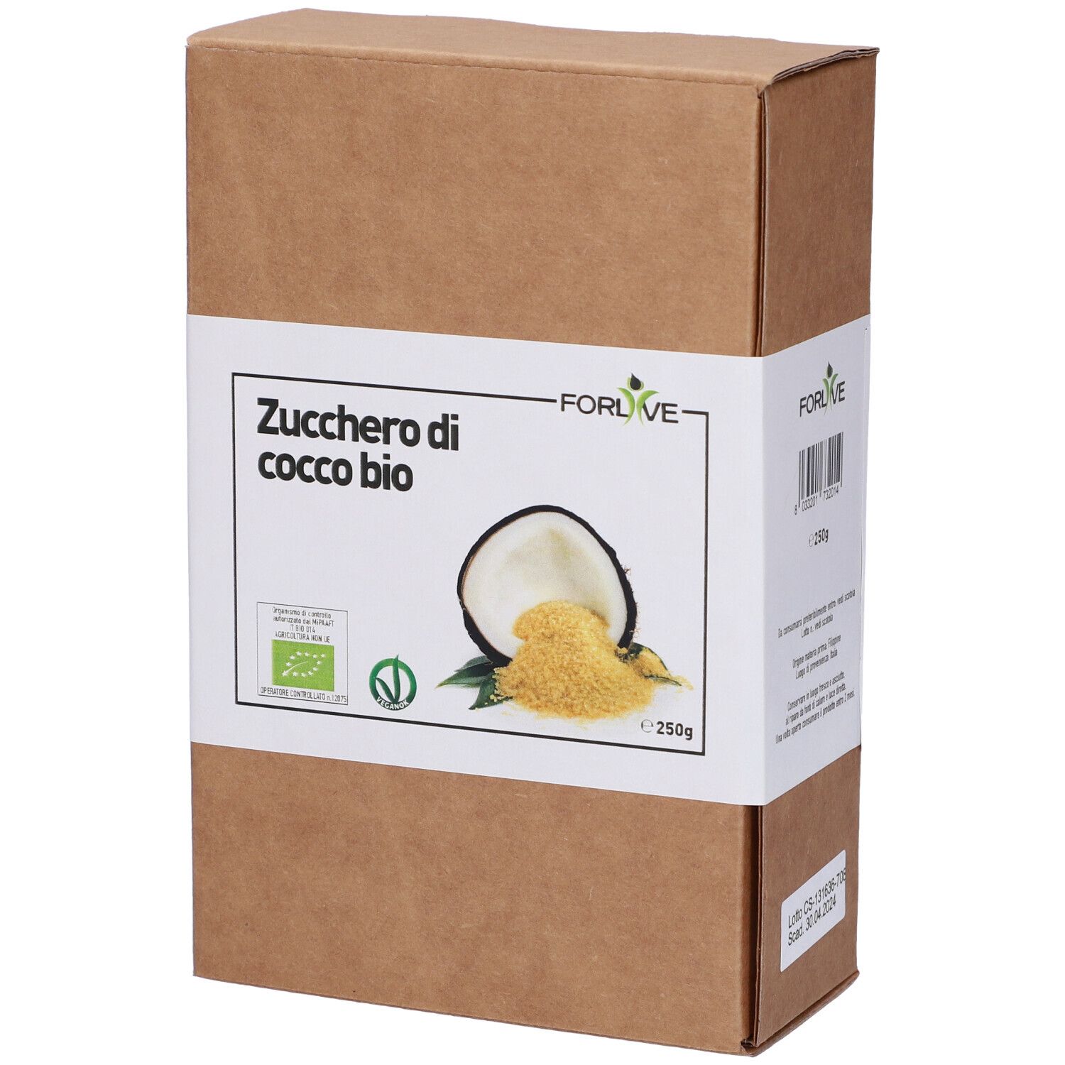 Scatola di cartone marrone con etichetta bianca. Scritto: Zucchero di cocco bio. Sigillo bio e 250g.