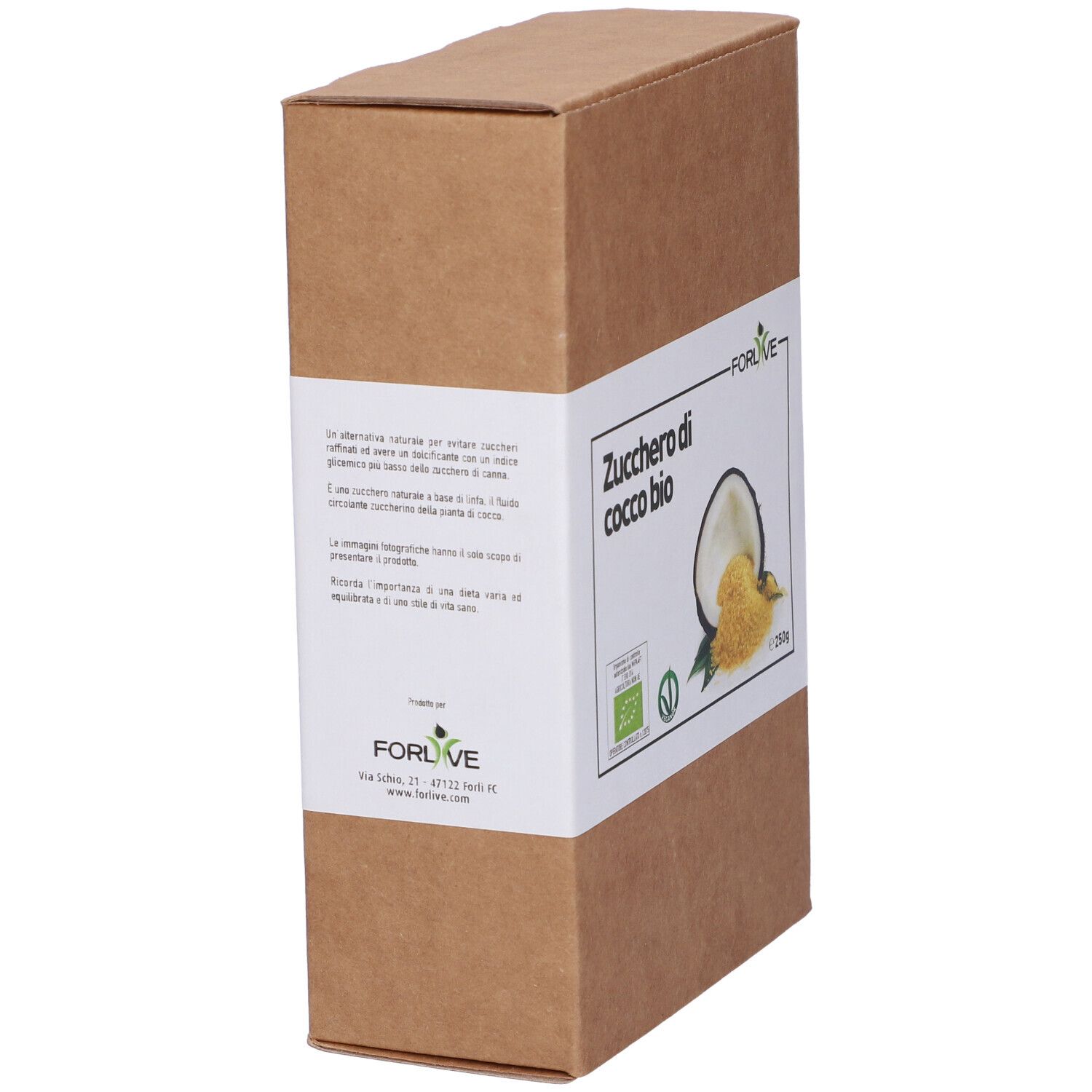 Scatola di cartone marrone con etichetta bianca. Testo: Zucchero di cocco bio. Sigillo bio e 250g. Vista laterale.