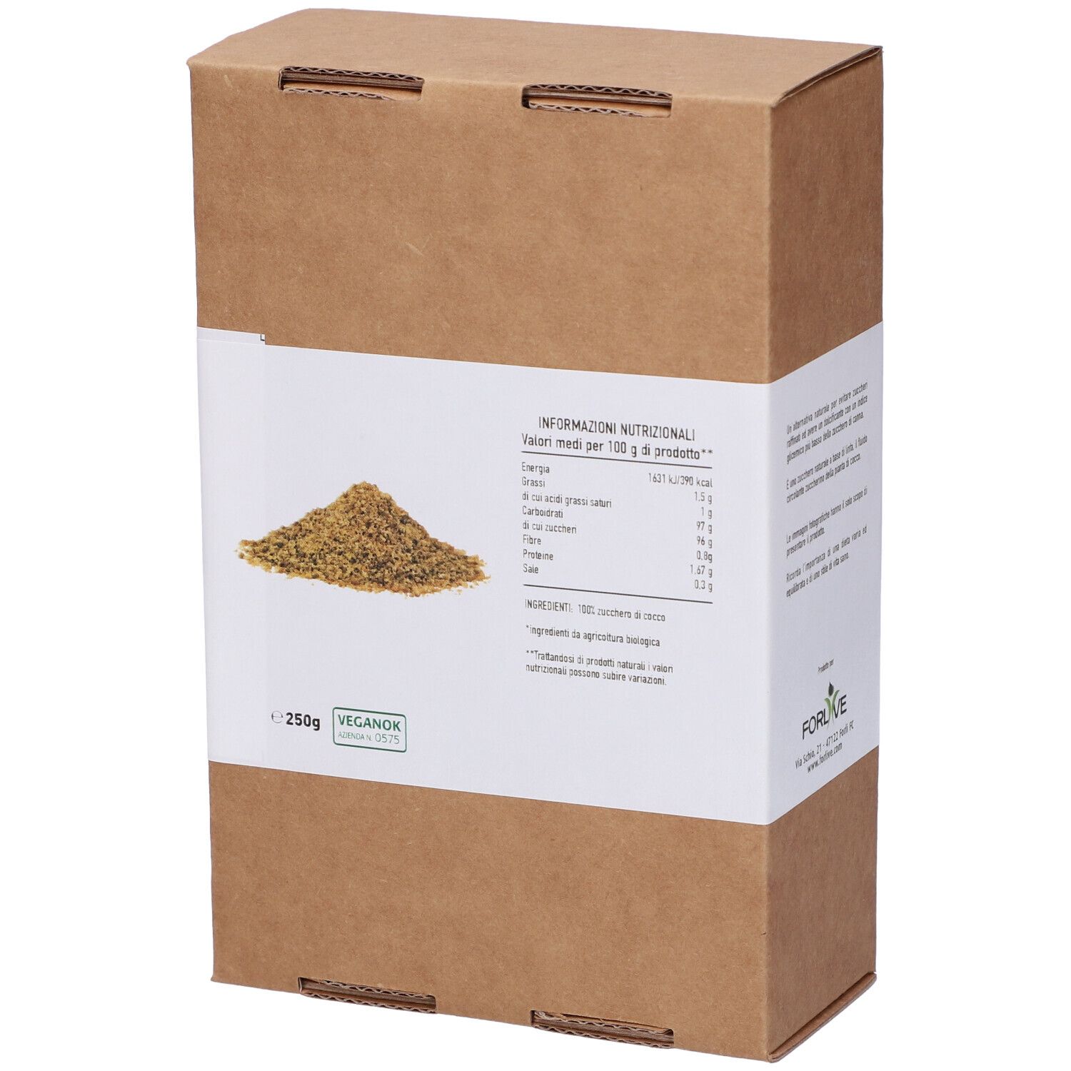 Scatola di cartone marrone con etichetta bianca. Informazioni nutrizionali e 250g. Scritto: Zucchero di cocco bio.