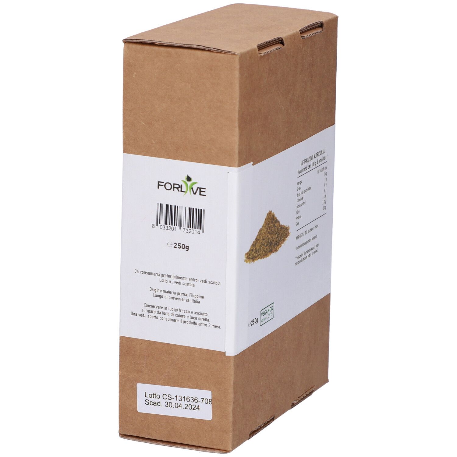 Scatola di cartone marrone con etichetta bianca. Codice a barre, 250g e testo. Scritto: Zucchero di cocco bio.