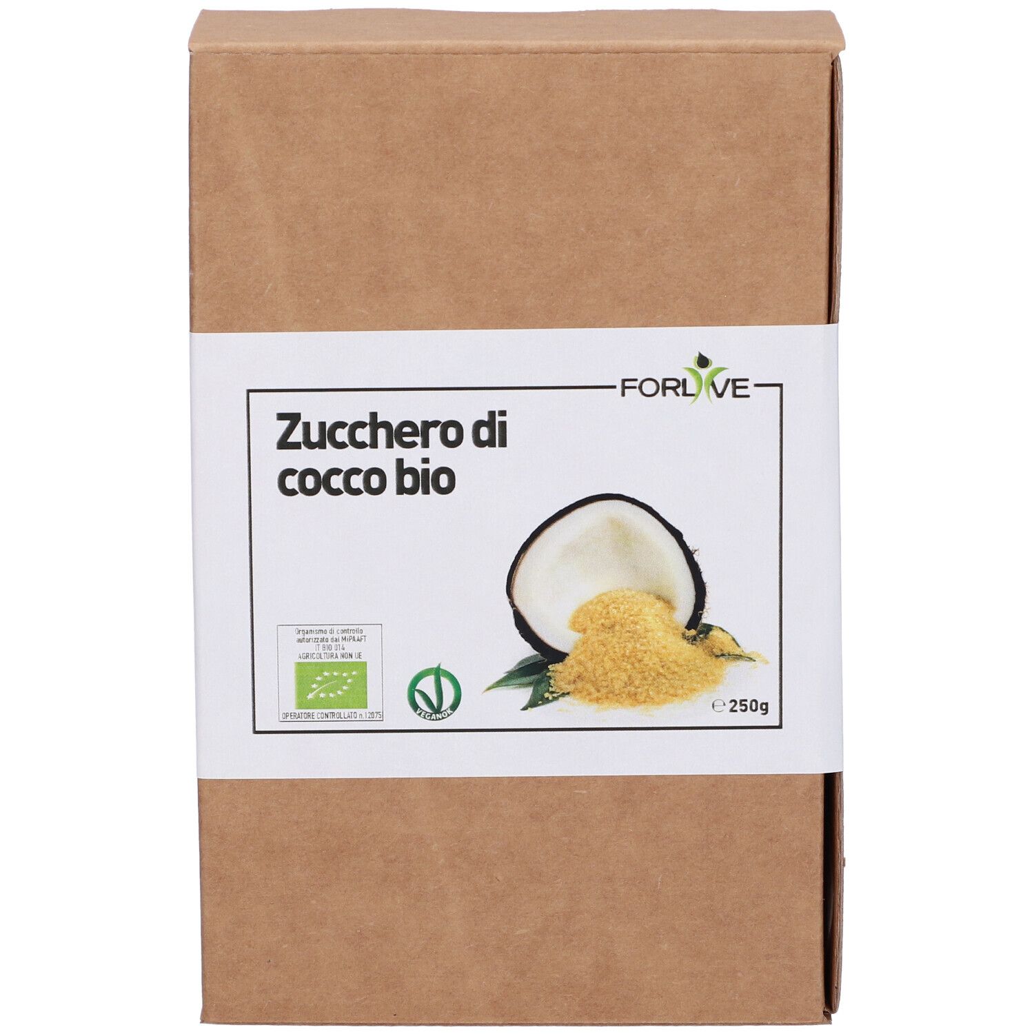 Scatola di cartone marrone con etichetta bianca. Scritto: Zucchero di cocco bio. Sigillo bio e 250g.