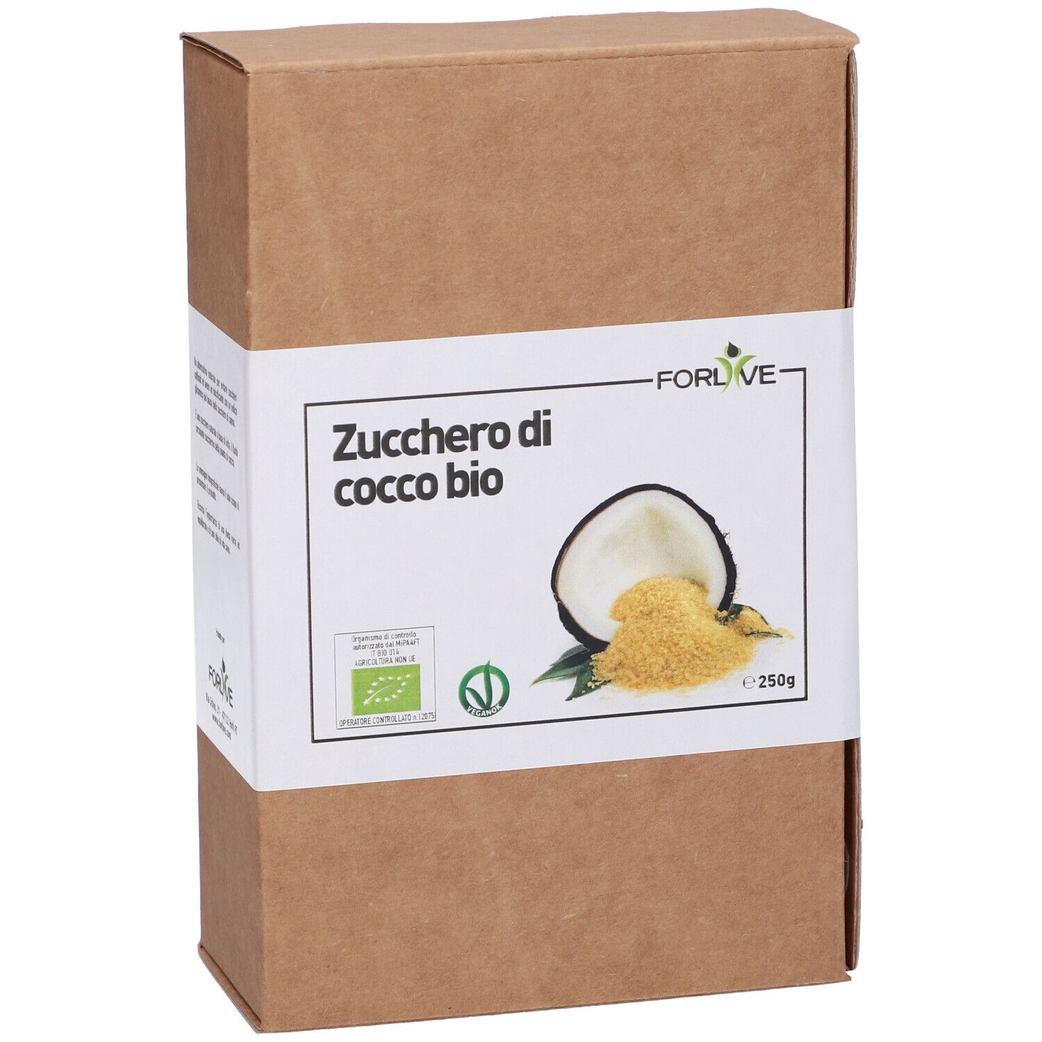 Scatola di cartone marrone con etichetta bianca. Scritto: Zucchero di cocco bio. Sigillo bio e 250g.