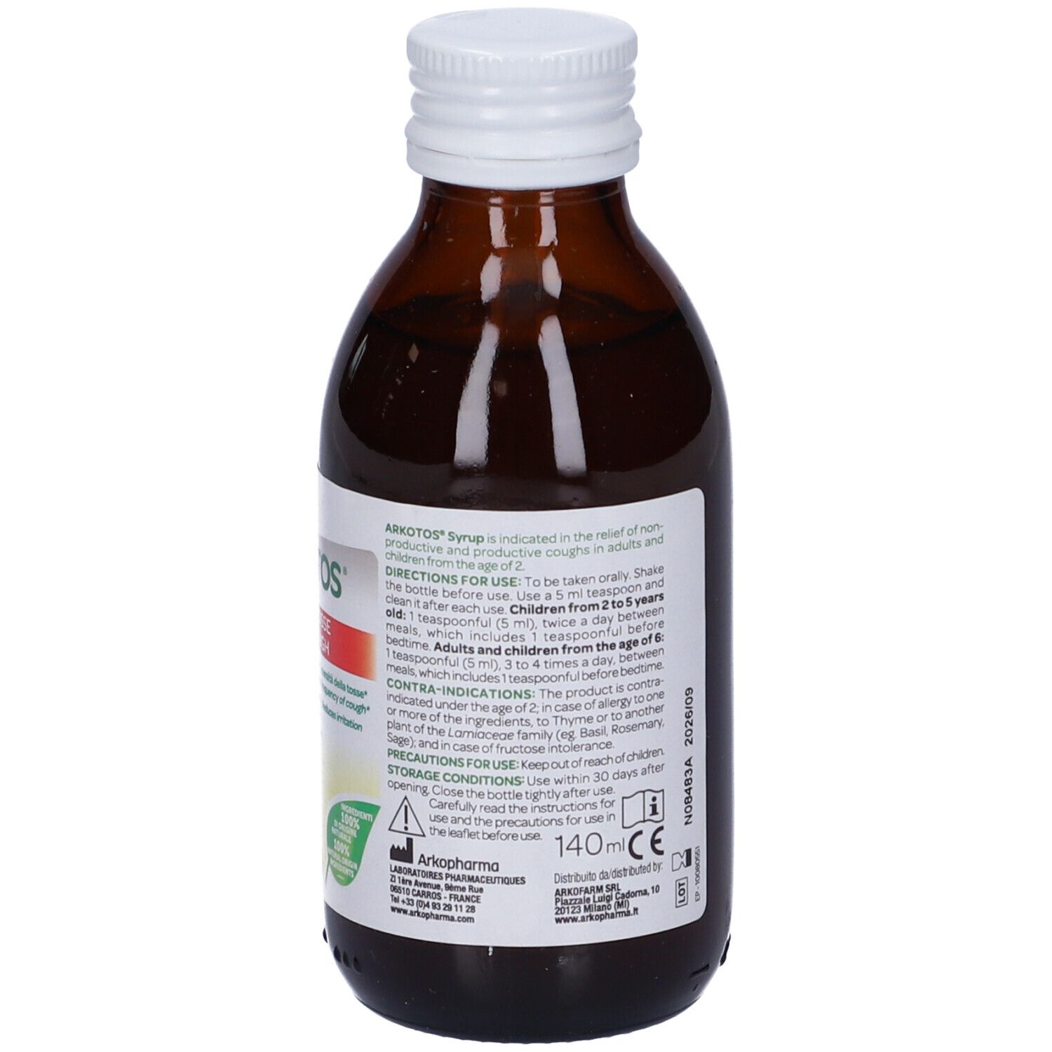 Bottiglia di vetro marrone, tappo bianco. Etichetta con informazioni su Arkotos Sciroppo. 140 ml.