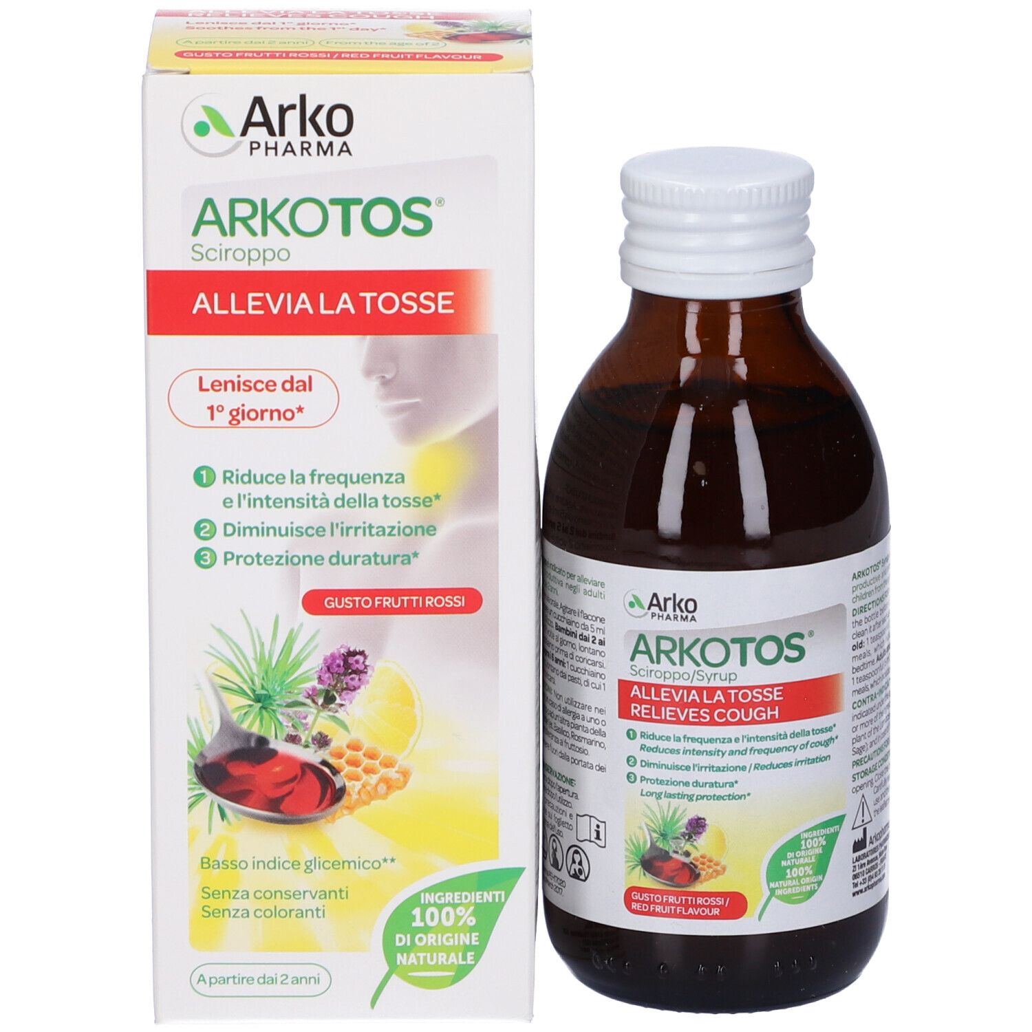 Bottiglia e scatola. Arkotos Sciroppo. Allevia la tosse. Gusto frutti rossi. Ingredienti 100% naturali.