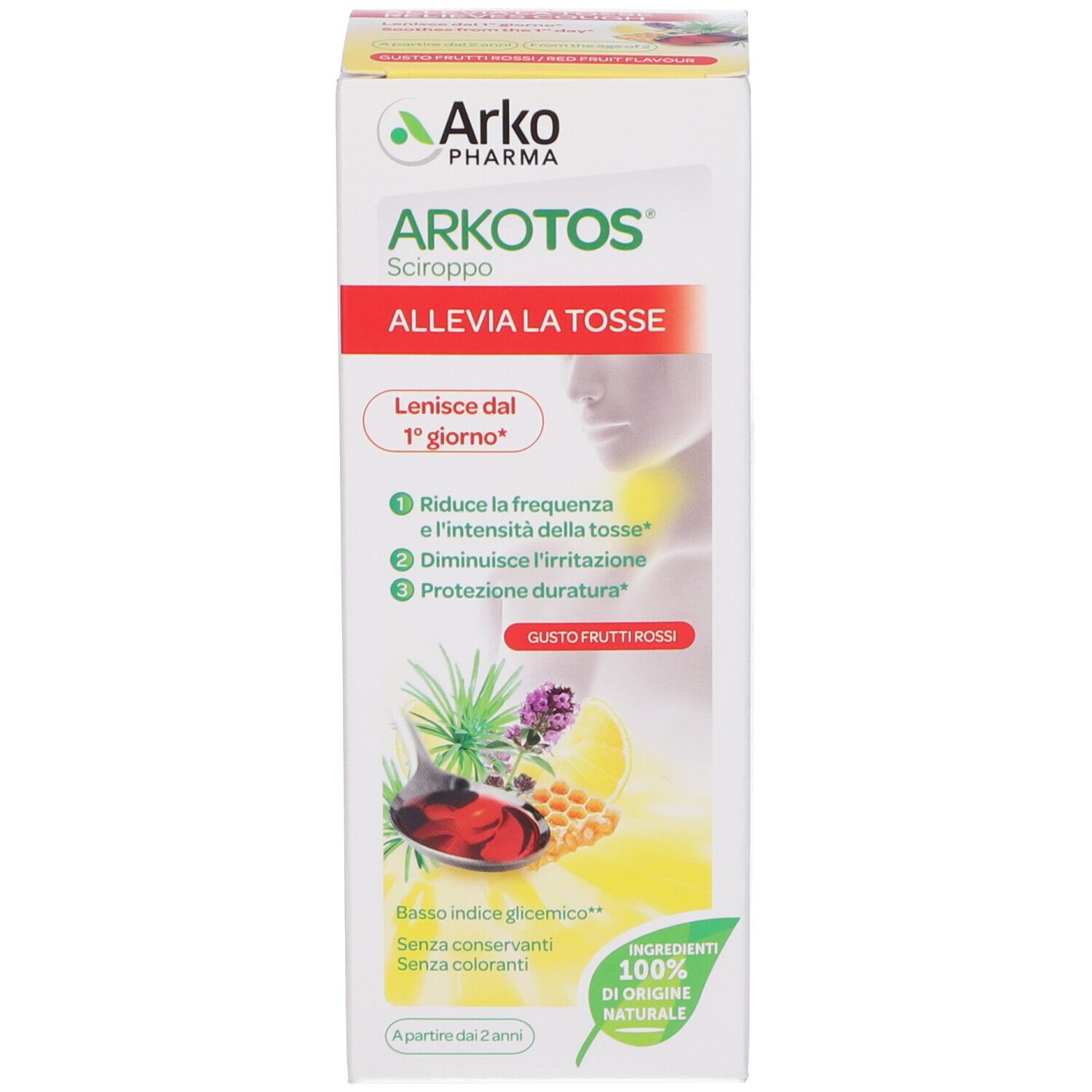 Scatola Arkotos Sciroppo. Allevia la tosse. Gusto frutti rossi. Ingredienti 100% naturali.