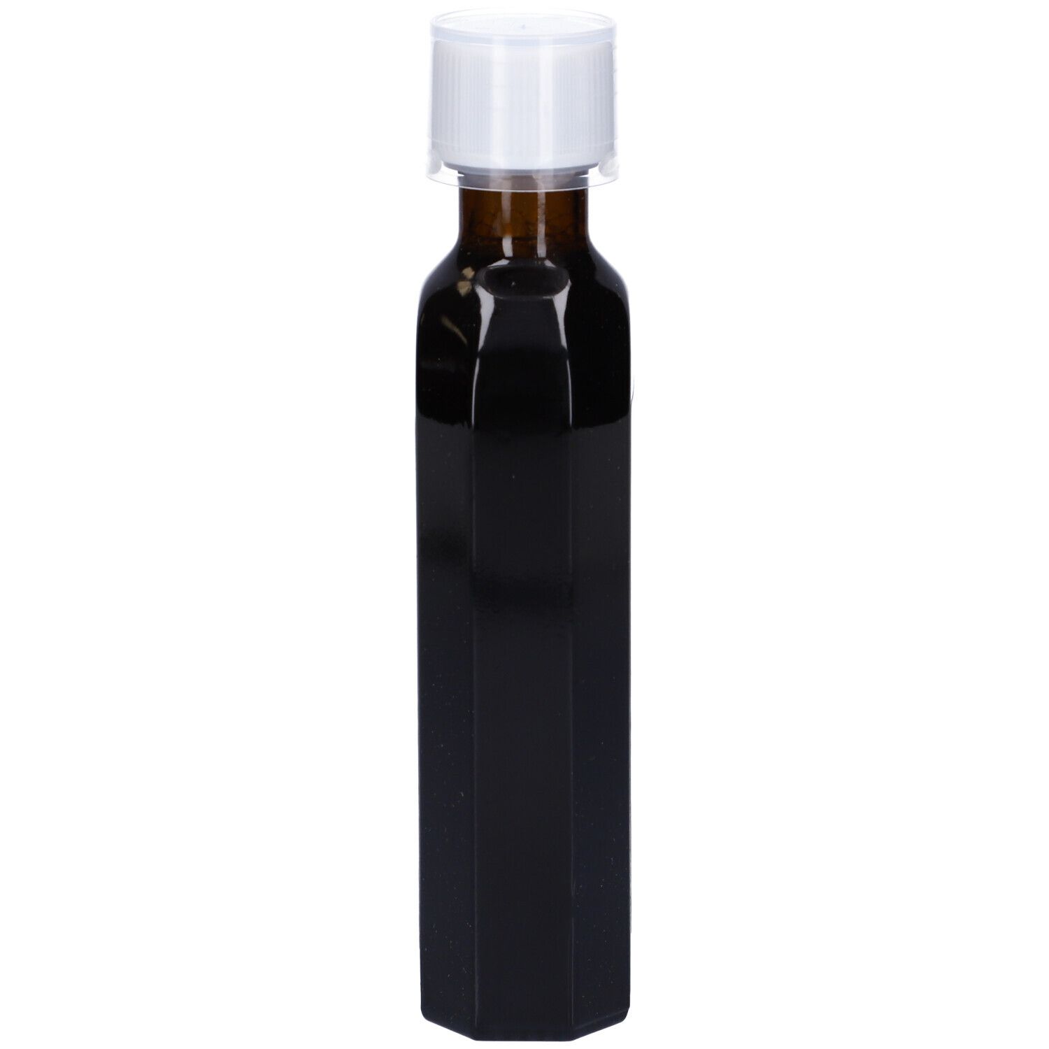 Flacone ottagonale in vetro marrone con tappo bianco. Nessuna etichetta visibile.