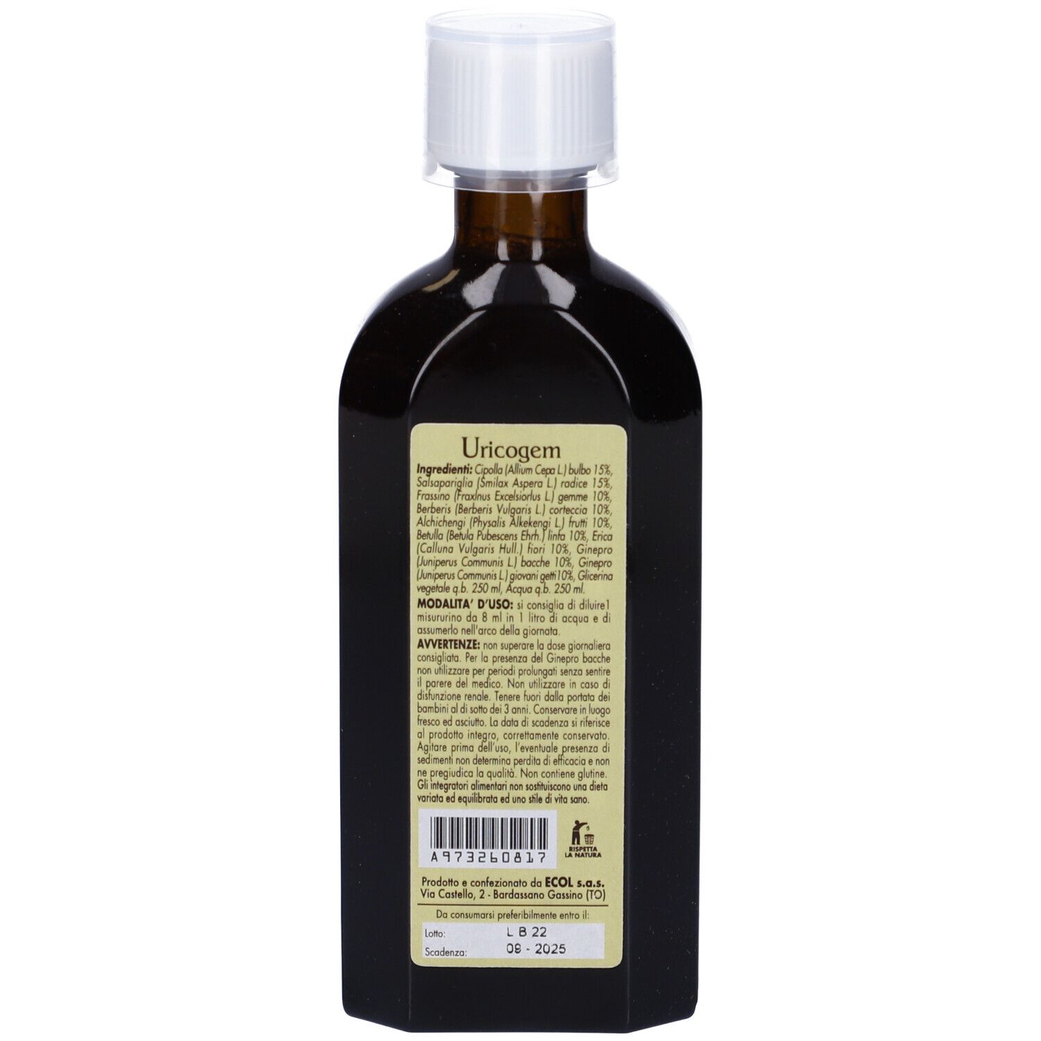 Retro di un flacone in vetro marrone con tappo bianco. Etichetta con ingredienti e avvertenze.