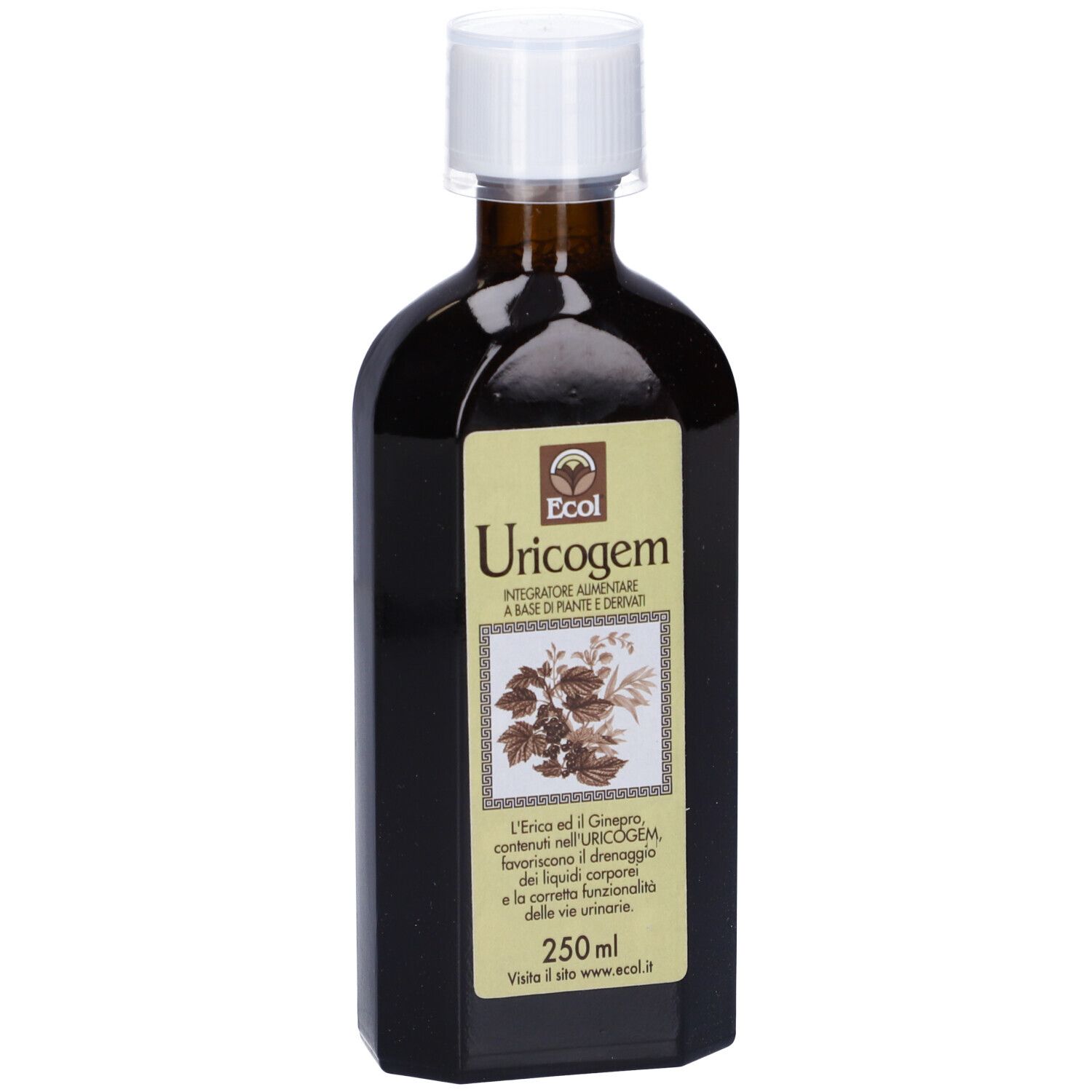 Flacone in vetro marrone con tappo bianco. Etichetta con nome Uricogem e design floreale. 250 ml.