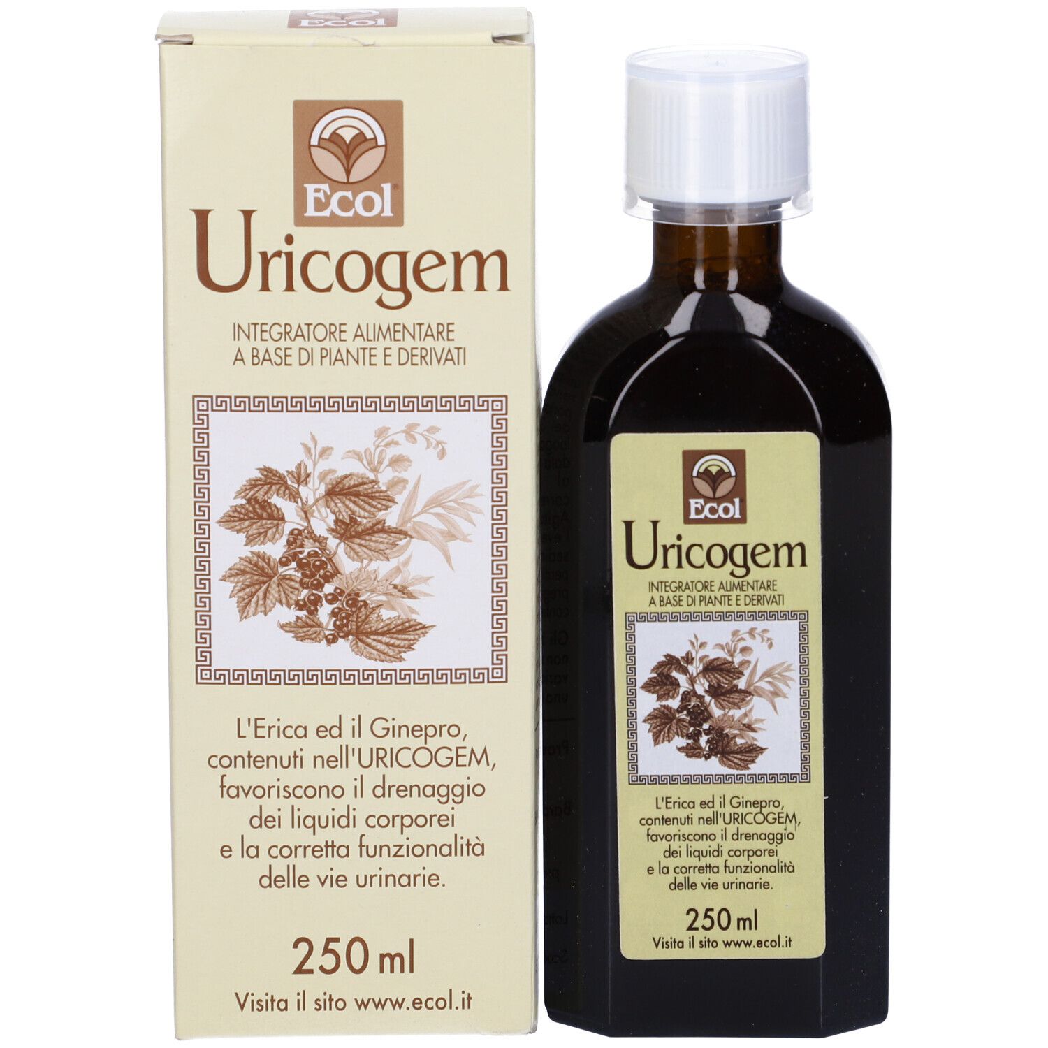 Prodotto Uricogem con confezione. Flacone marrone con tappo bianco e scatola. 250 ml.