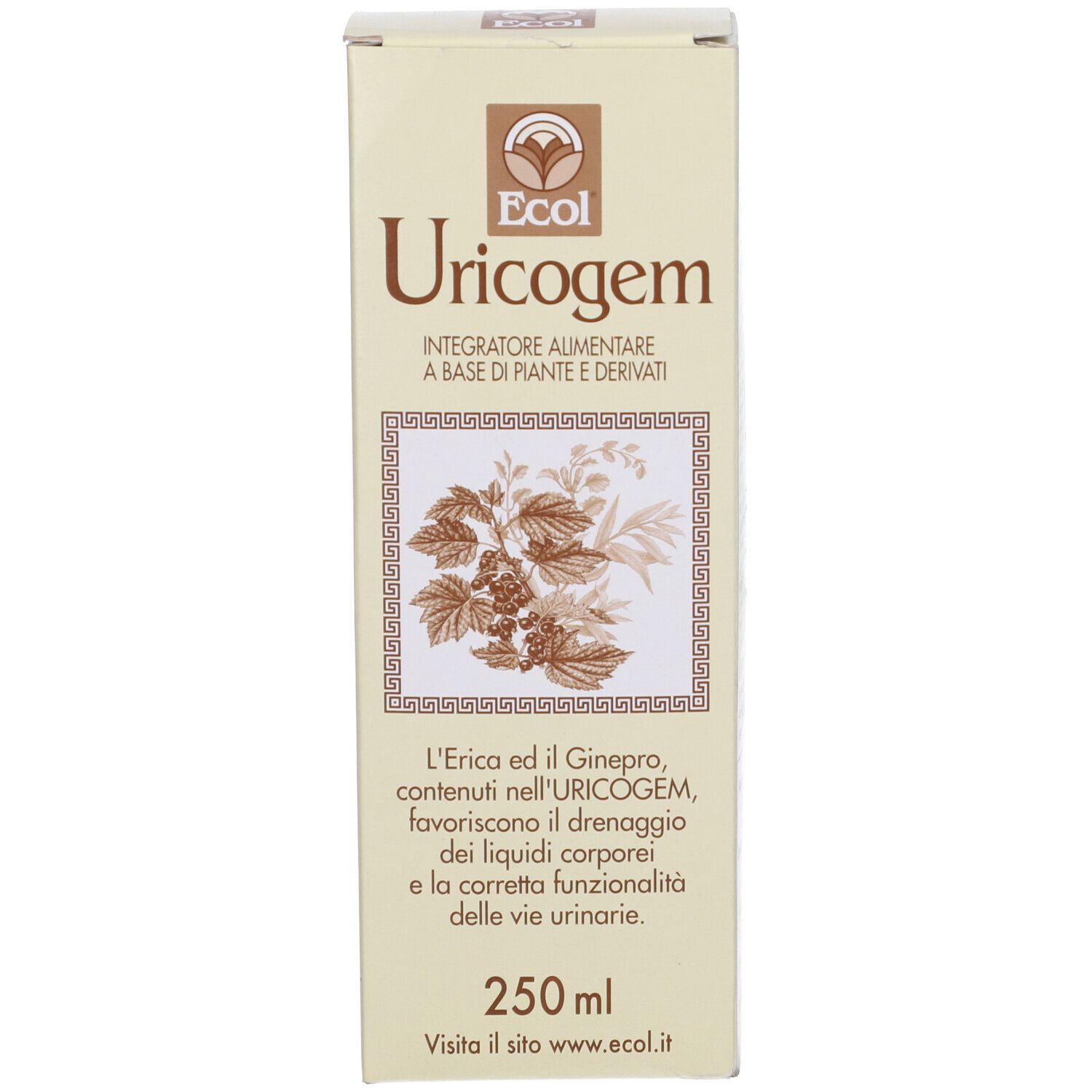 Confezione in cartone per Uricogem. Beige con nome del prodotto, design floreale e 250 ml.