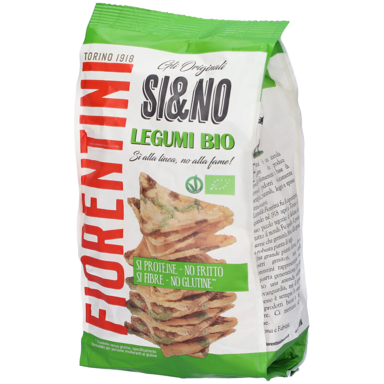 Confezione Si&No Mais C/Legumi Croccan. Sacchetto verde e bianco con immagine e testo del prodotto. Marchio Fiorentini.