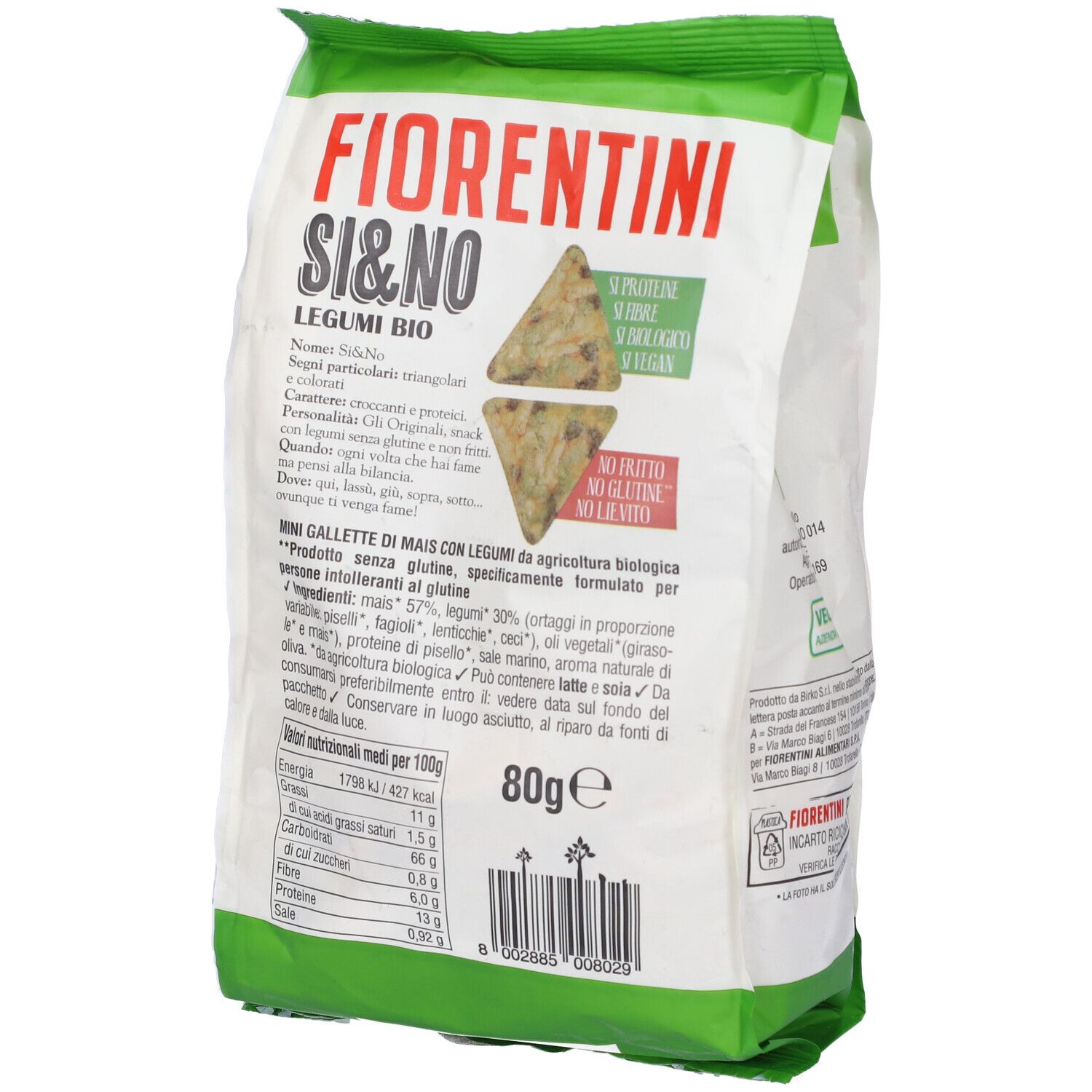 Retro della confezione Si&No Mais C/Legumi Croccan. Sacchetto verde e bianco con informazioni sul prodotto. Marchio Fiorentini.