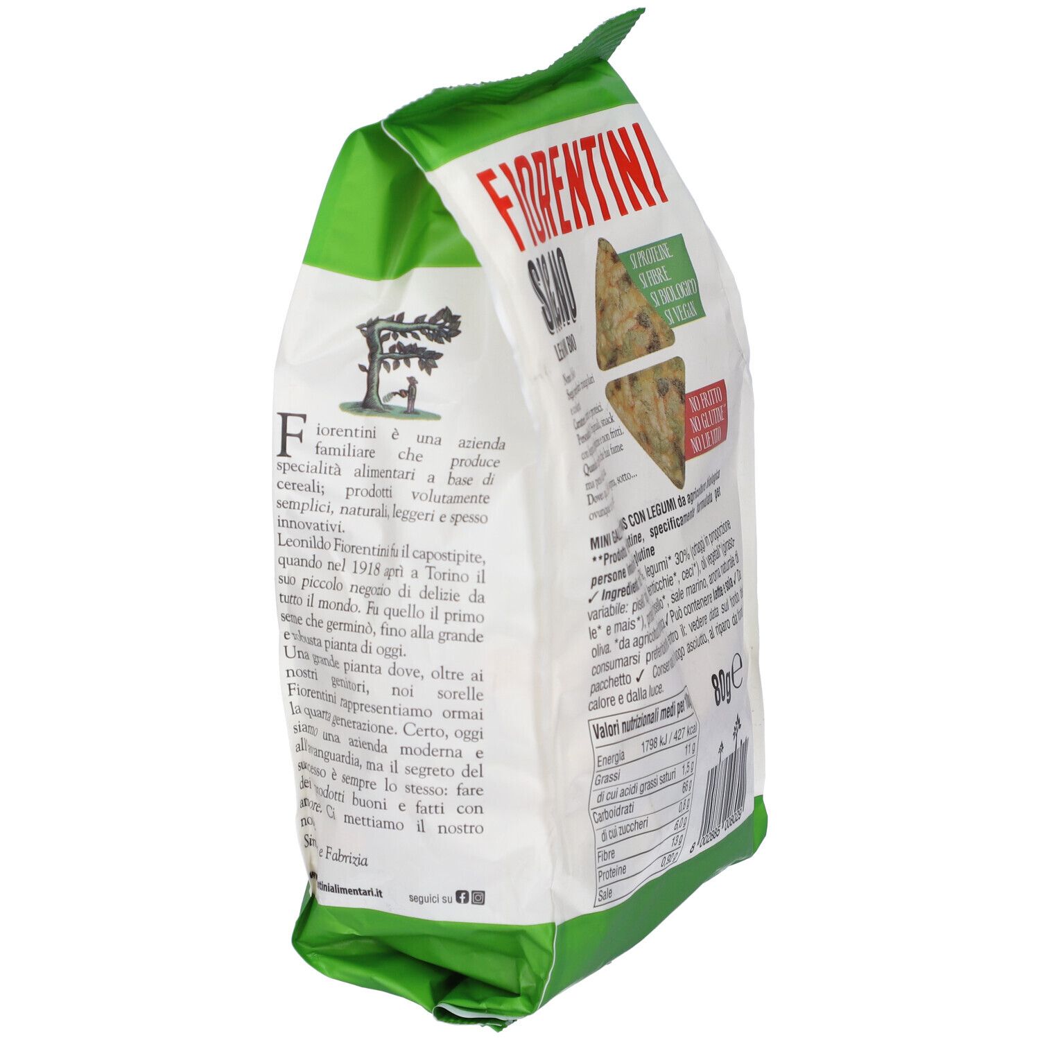 Vista laterale della confezione Si&No Mais C/Legumi Croccan. Sacchetto verde e bianco con testo e logo. Marchio Fiorentini.
