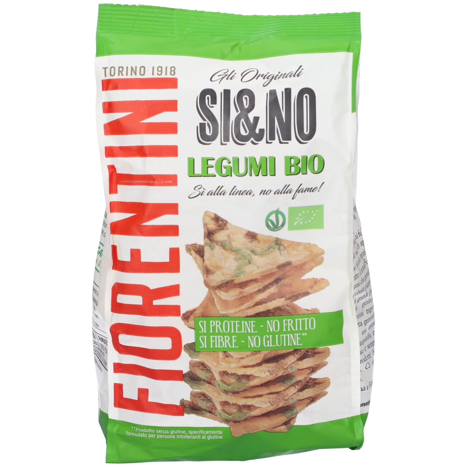 Confezione di Si&No Mais C/Legumi Croccan. Sacchetto verde e bianco con immagine e testo del prodotto. Marchio Fiorentini.