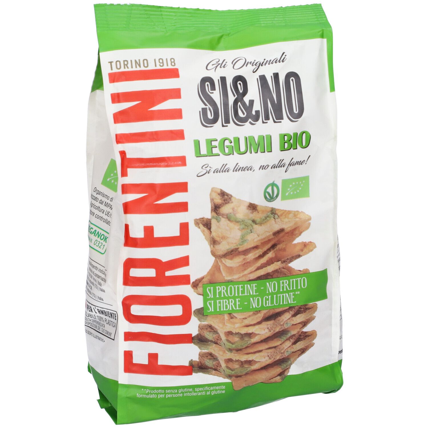 Confezione di Si&No Mais C/Legumi Croccan. Sacchetto verde e bianco con immagine e testo del prodotto. Marchio Fiorentini.