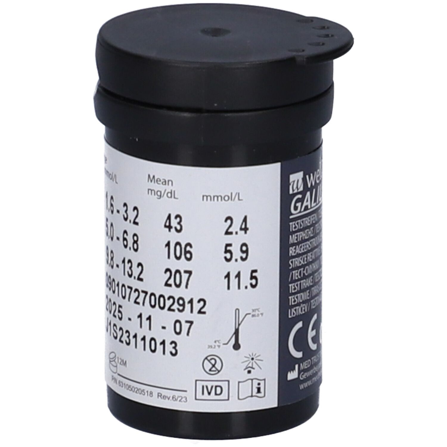 Flacone nero Wellion Galileo 50 con informazioni sui valori in mg/dL e mmol/L. Scadenza 2025-11-07.