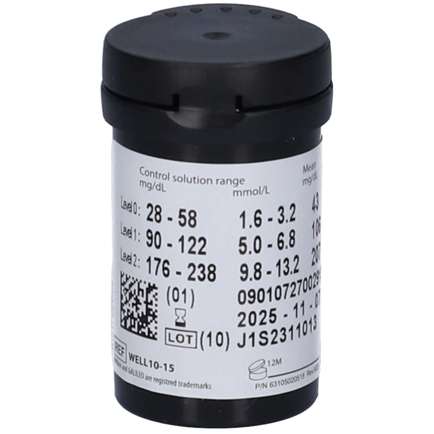 Flacone nero Wellion Galileo 50 con valori della soluzione di controllo. Codice QR e numero di lotto. Scadenza 2025-11-07.