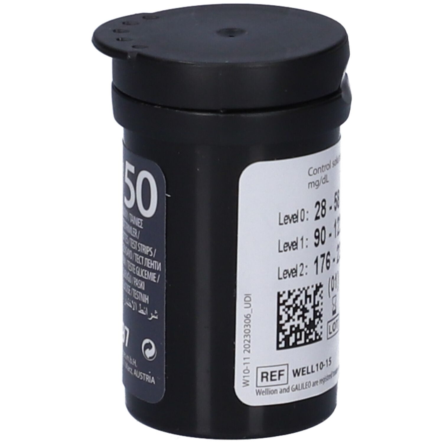 Flacone nero Wellion Galileo 50. Contiene strisce reattive. Codice QR e numero di riferimento. Scadenza 2025-11-07.