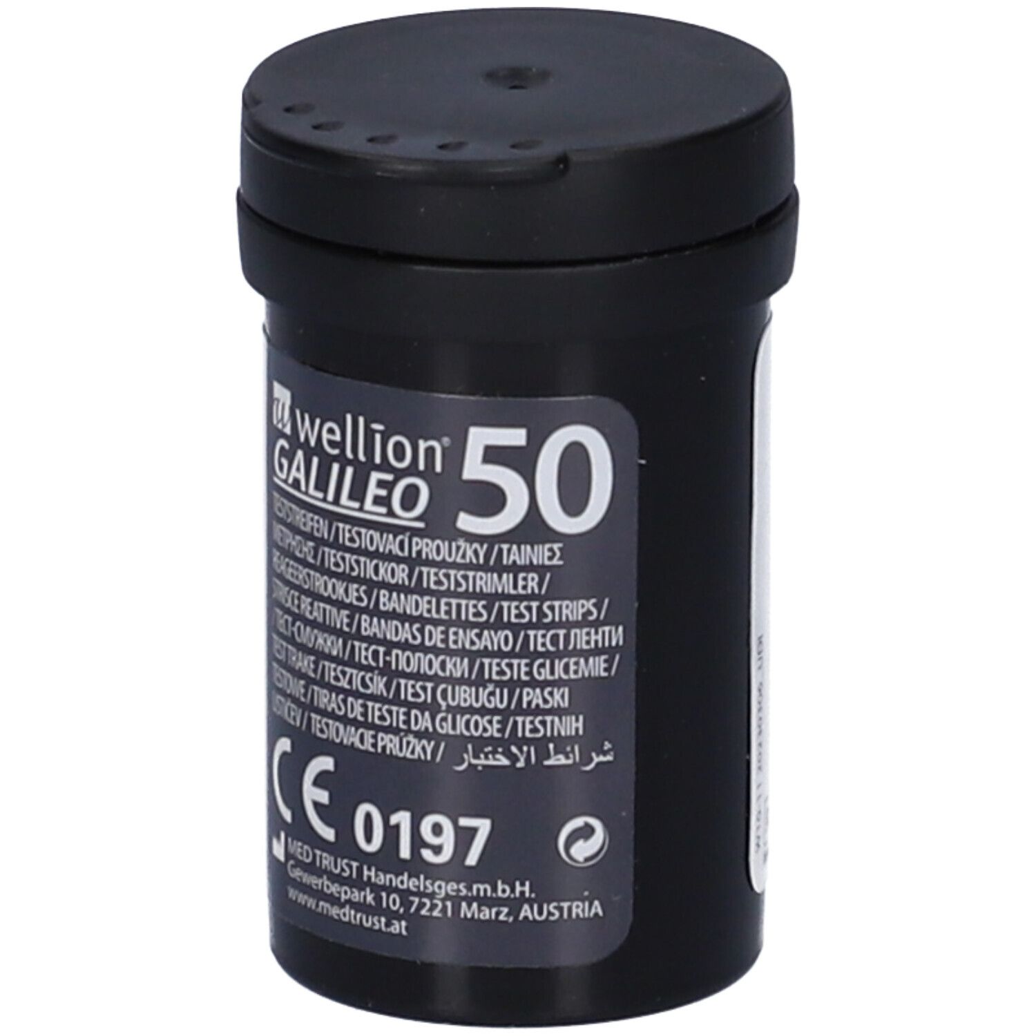 Flacone nero Wellion Galileo 50. Contiene strisce reattive per la glicemia. Marchio CE.