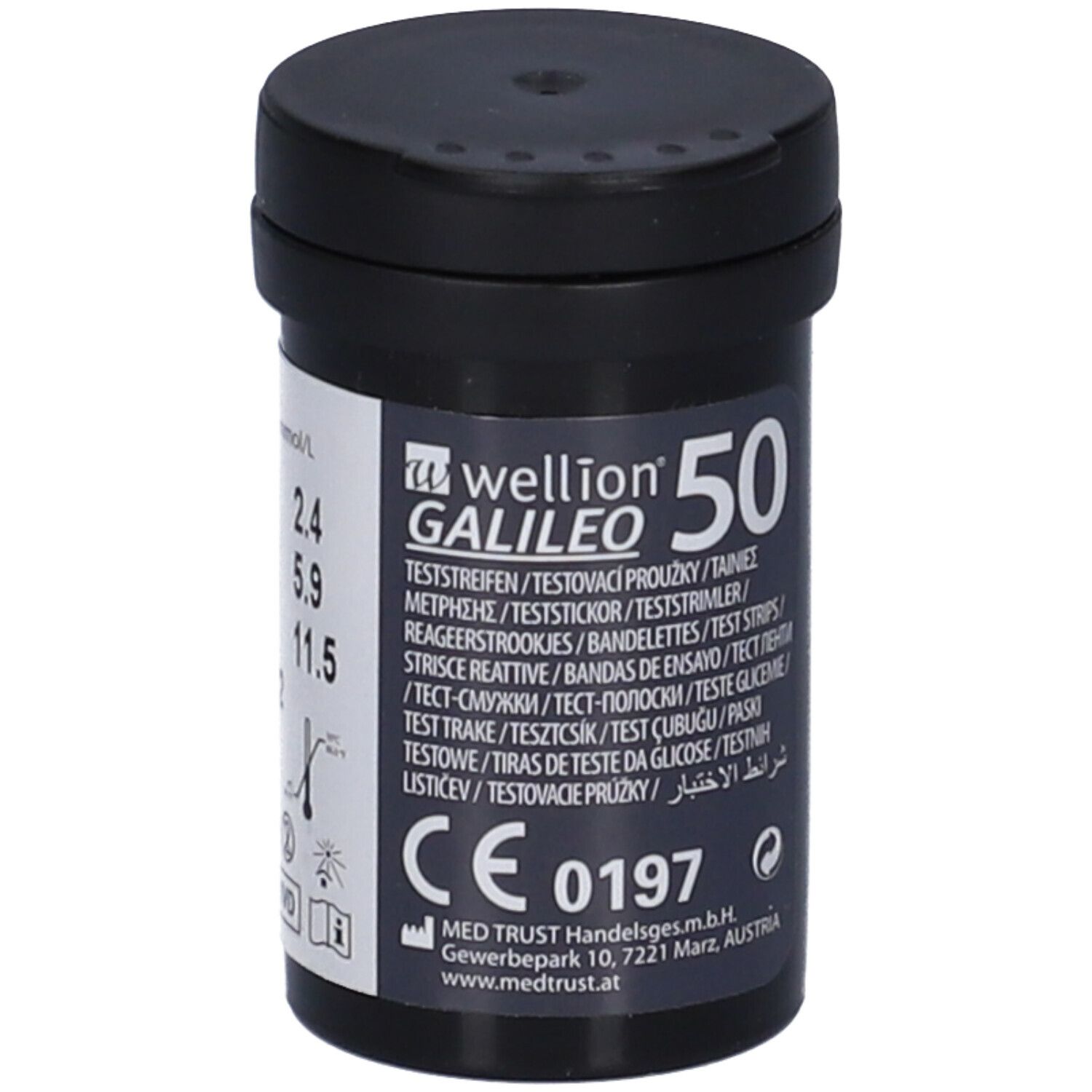 Flacone nero Wellion Galileo 50. Contiene strisce reattive per la glicemia. Marchio CE.