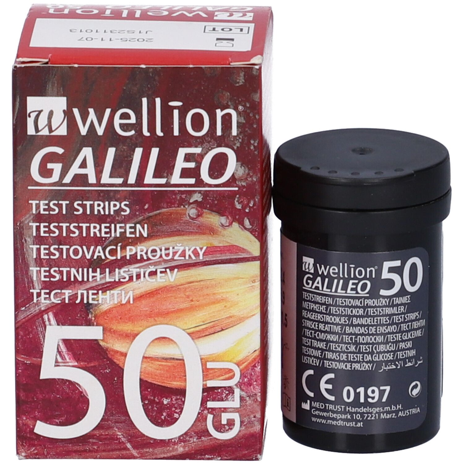 Strisce reattive Wellion Galileo 50 e confezione. Scritta: Strisce reattive, 50 GLU. Marchio CE.