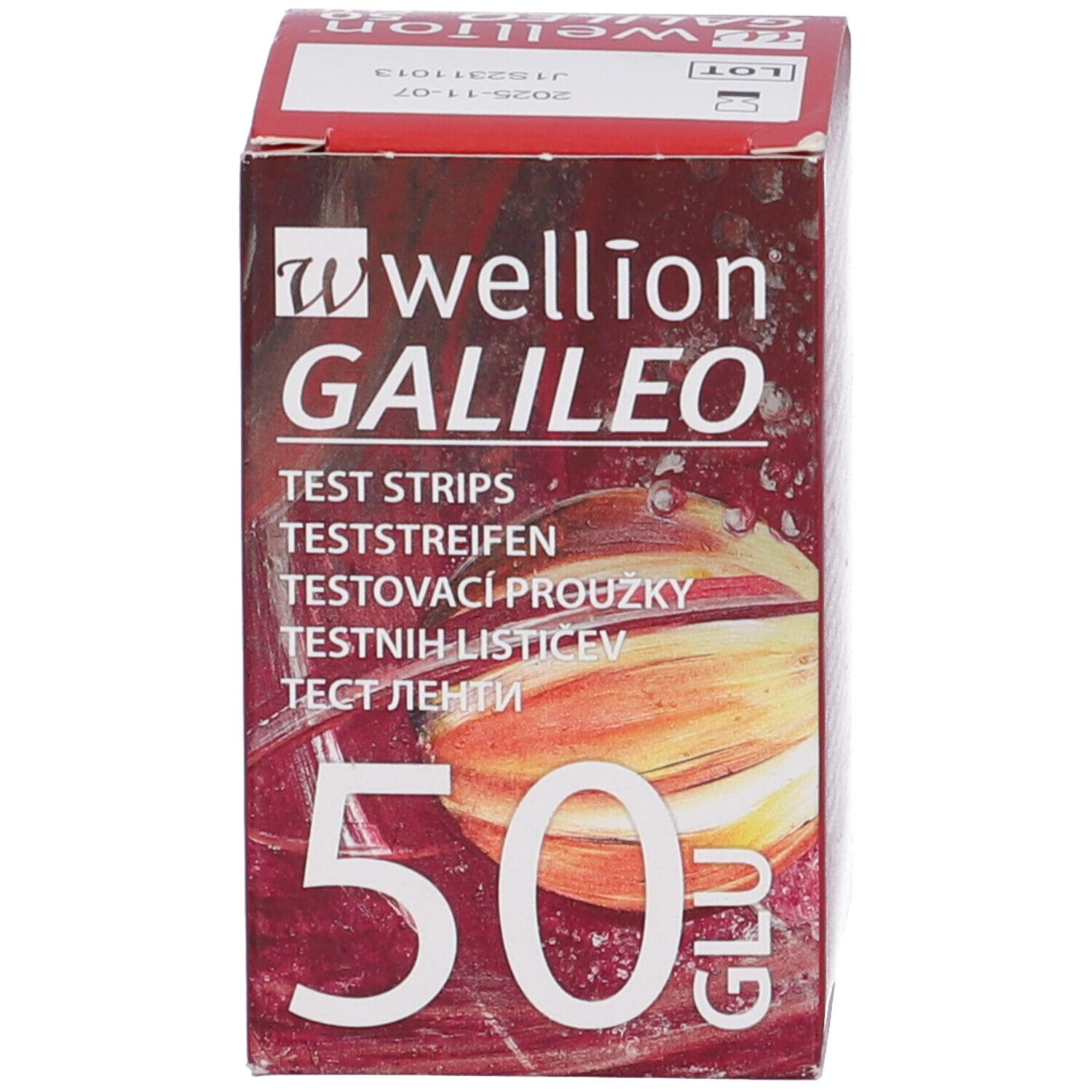 Confezione di strisce reattive Wellion Galileo 50. Scritta: Strisce reattive, 50 GLU. Marchio CE.