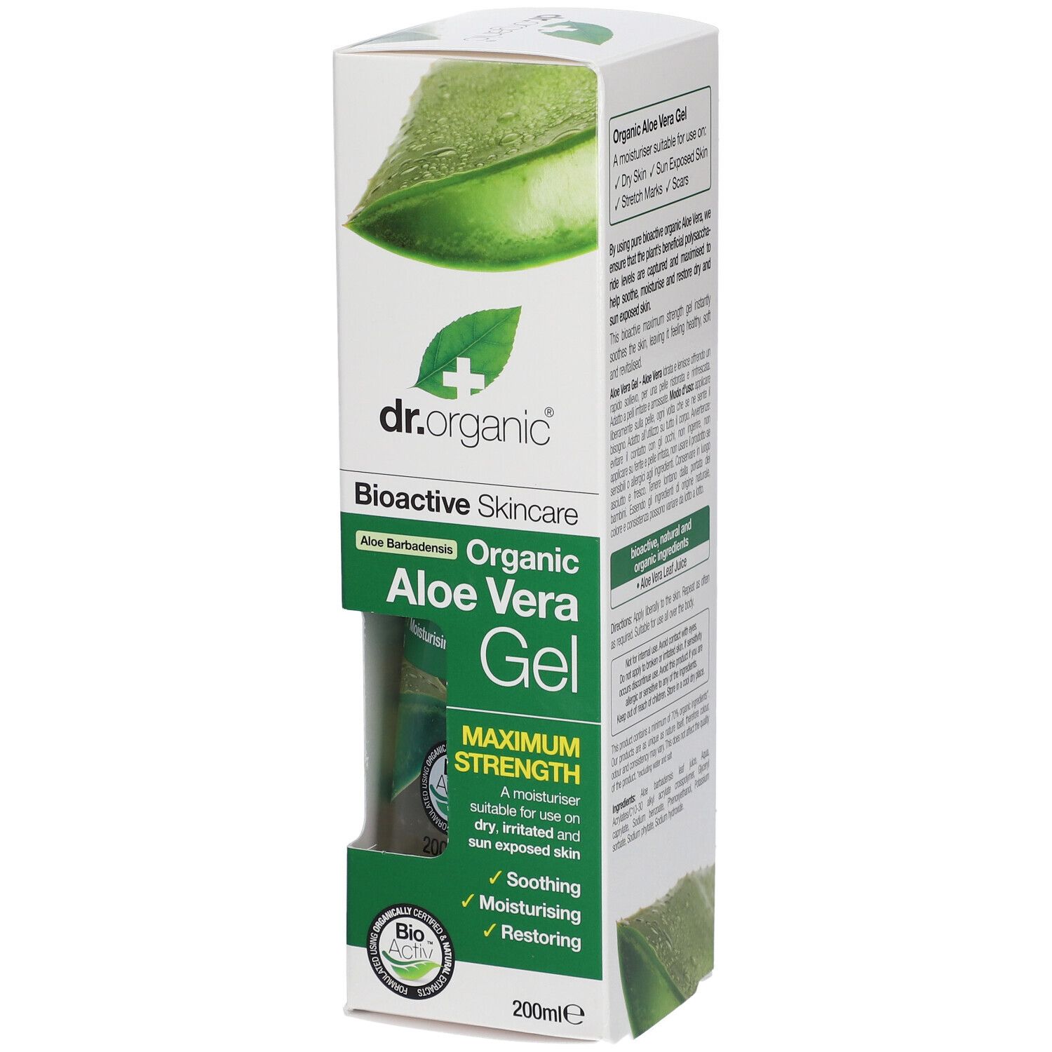 Confezione Dr. Organic Aloe Vera Gel Maximum Strength, fronte con nome del prodotto e foglia di aloe vera.