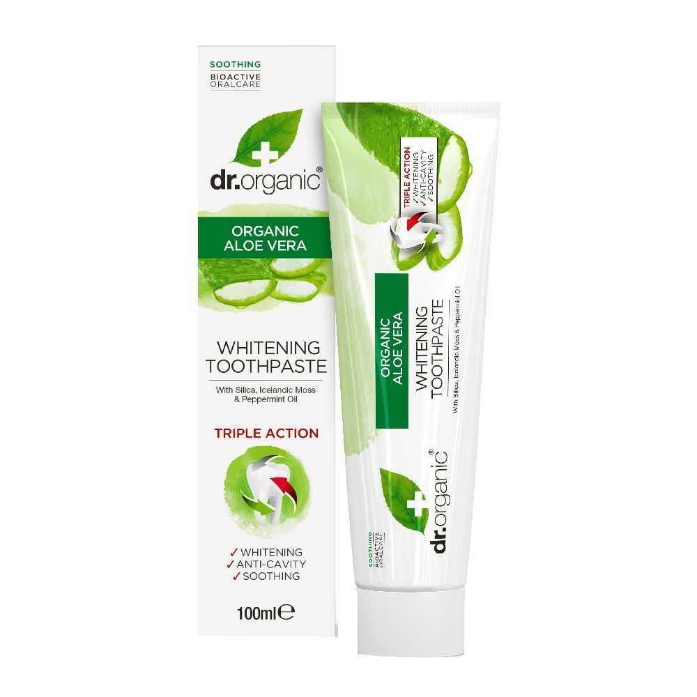 Tubo e scatola di dentifricio. Tubo con fascia verde e motivo aloe vera. Scritta: Dr. Organic, Organic Aloe Vera, Whitening Toothpaste.