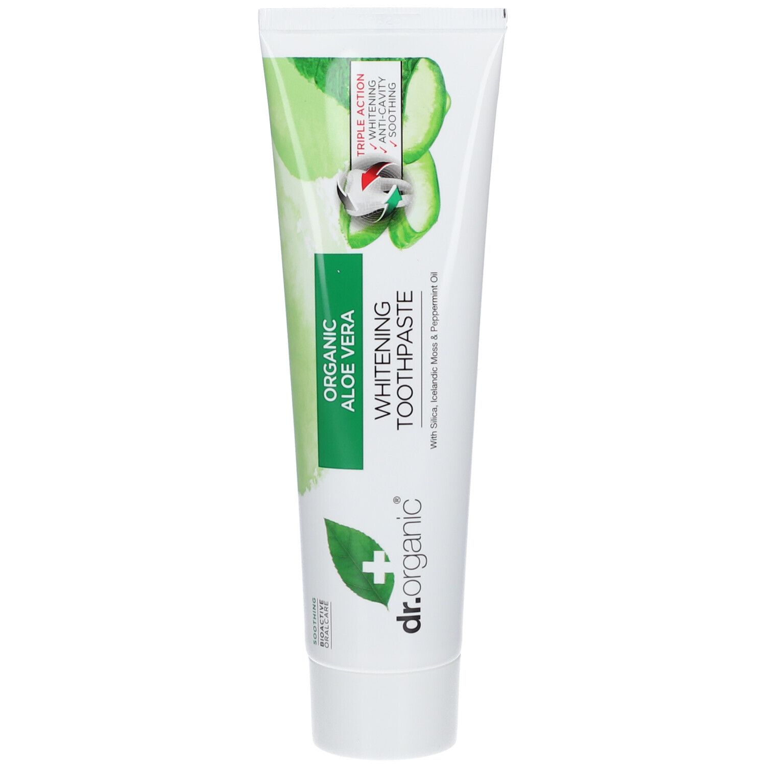 Tubo di dentifricio. Scritta: Organic Aloe Vera Whitening Toothpaste. Design verde e bianco. Retro con testo.