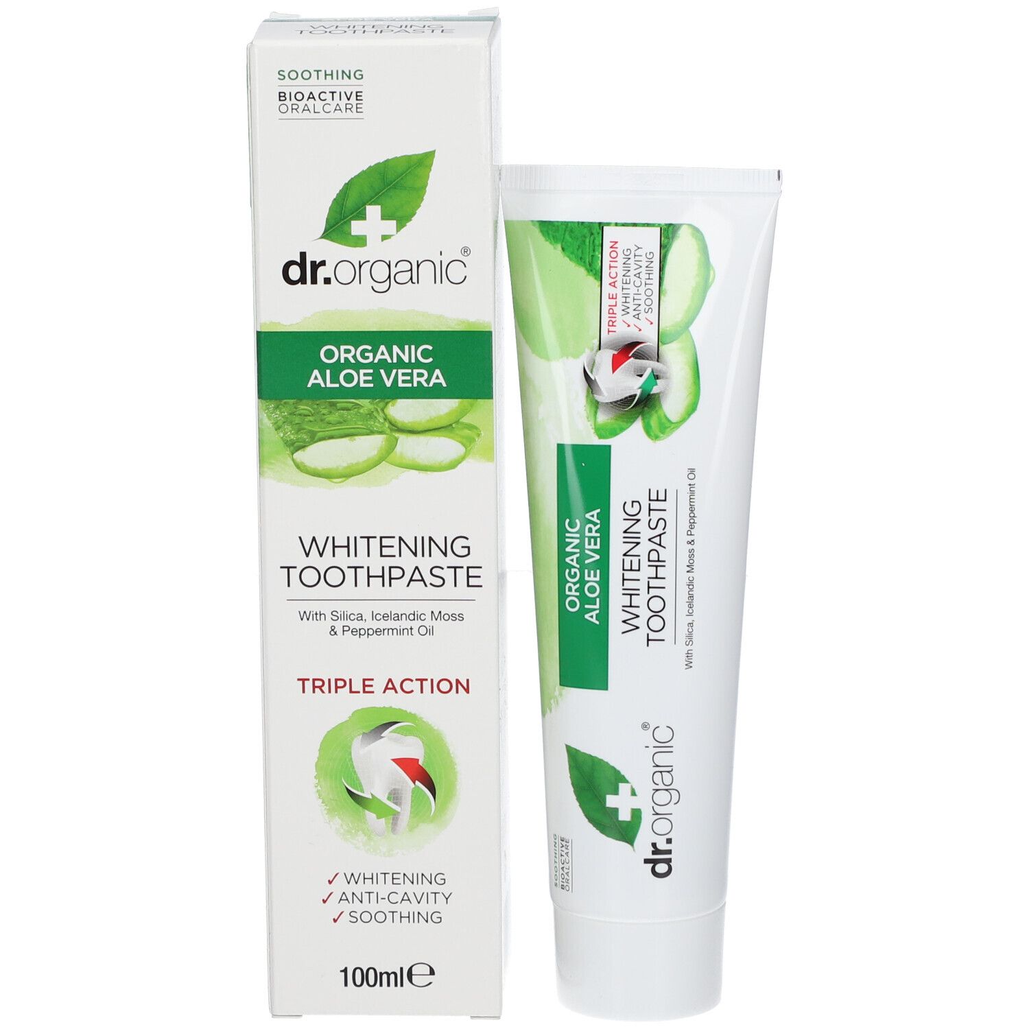 Tubo e scatola di dentifricio. Scritta: Organic Aloe Vera Whitening Toothpaste. Design verde e bianco.