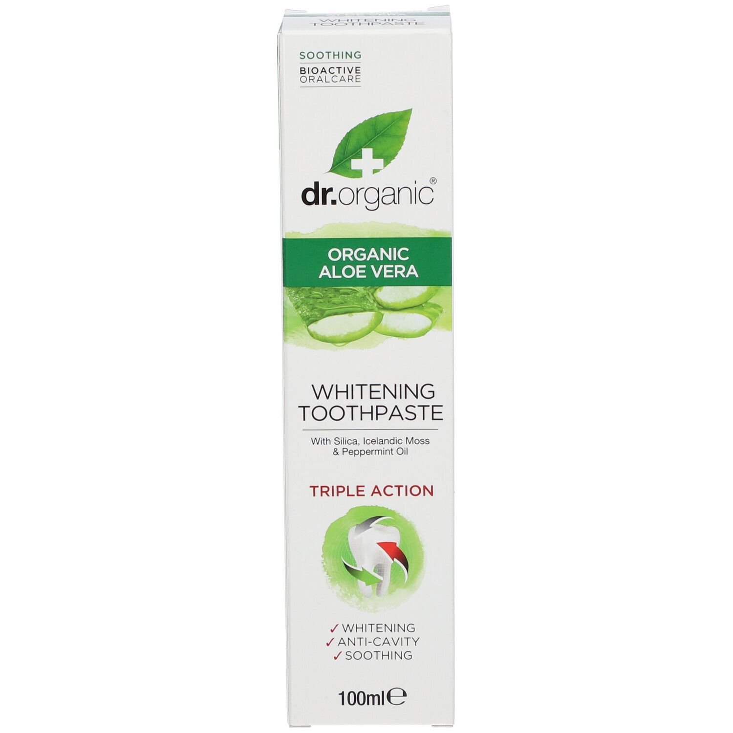 Tubo e scatola di dentifricio. Scritta: Organic Aloe Vera Whitening Toothpaste. Design verde e bianco.