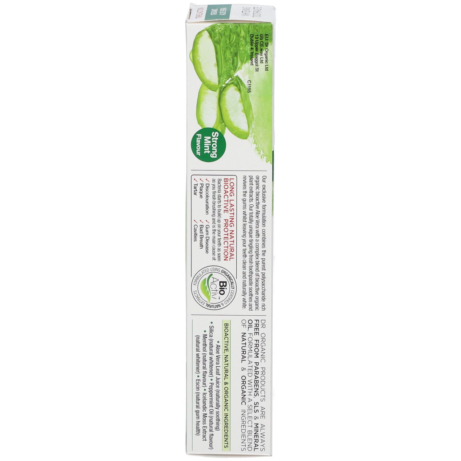 Scatola. Scritta: Organic Aloe Vera Whitening Toothpaste. Design verde e bianco. Retro con testo.