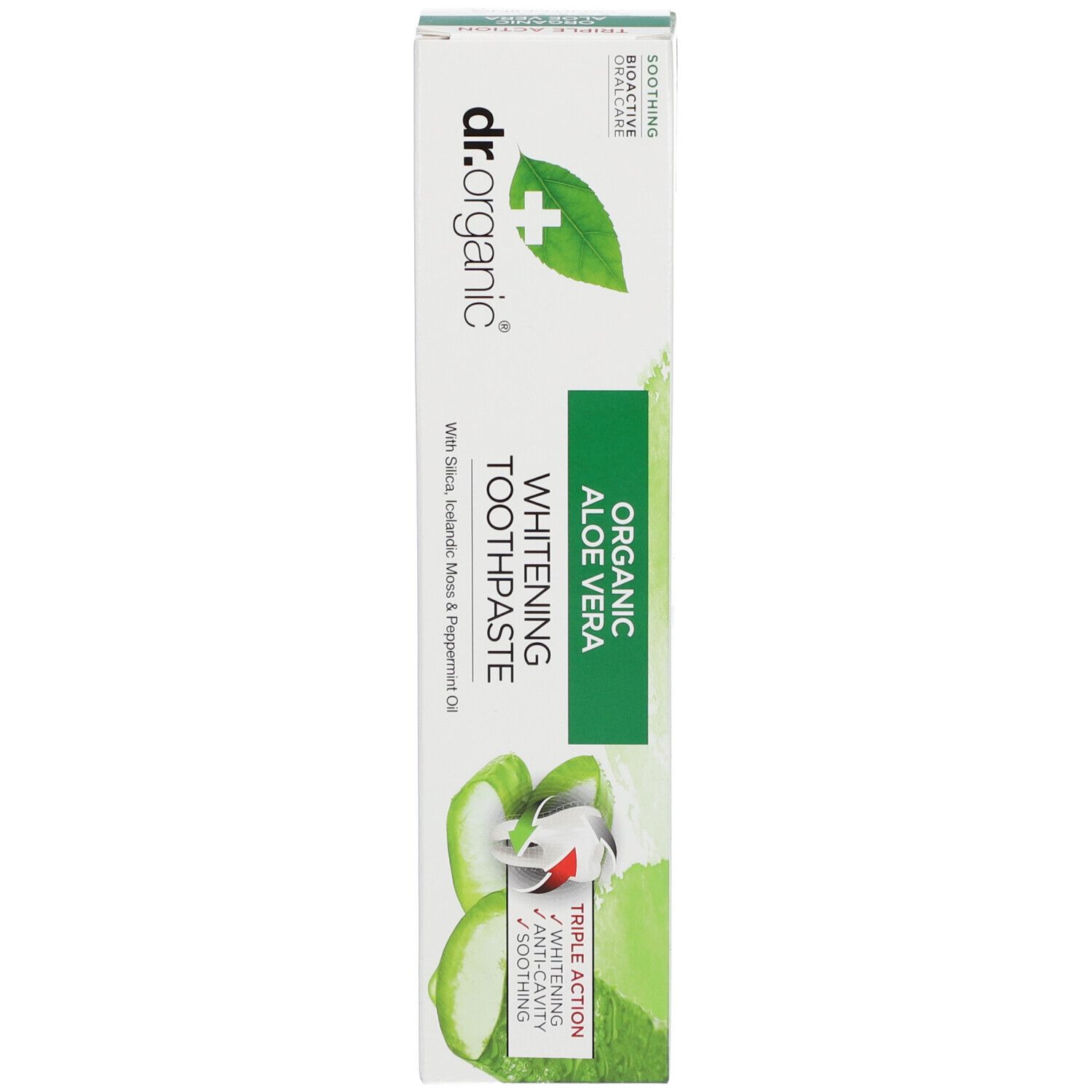 Tubo e scatola di dentifricio. Scritta: Organic Aloe Vera Whitening Toothpaste. Design verde e bianco.