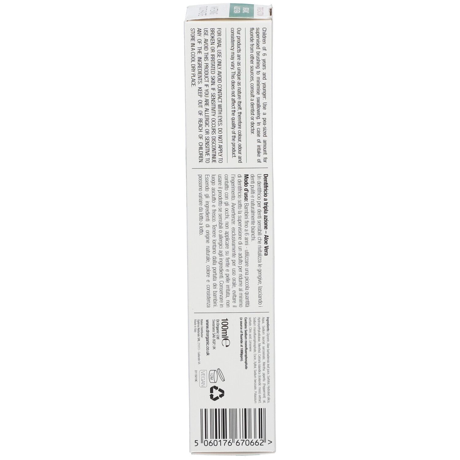 Retro del tubo di dentifricio. Testo e loghi. Design verde e bianco.