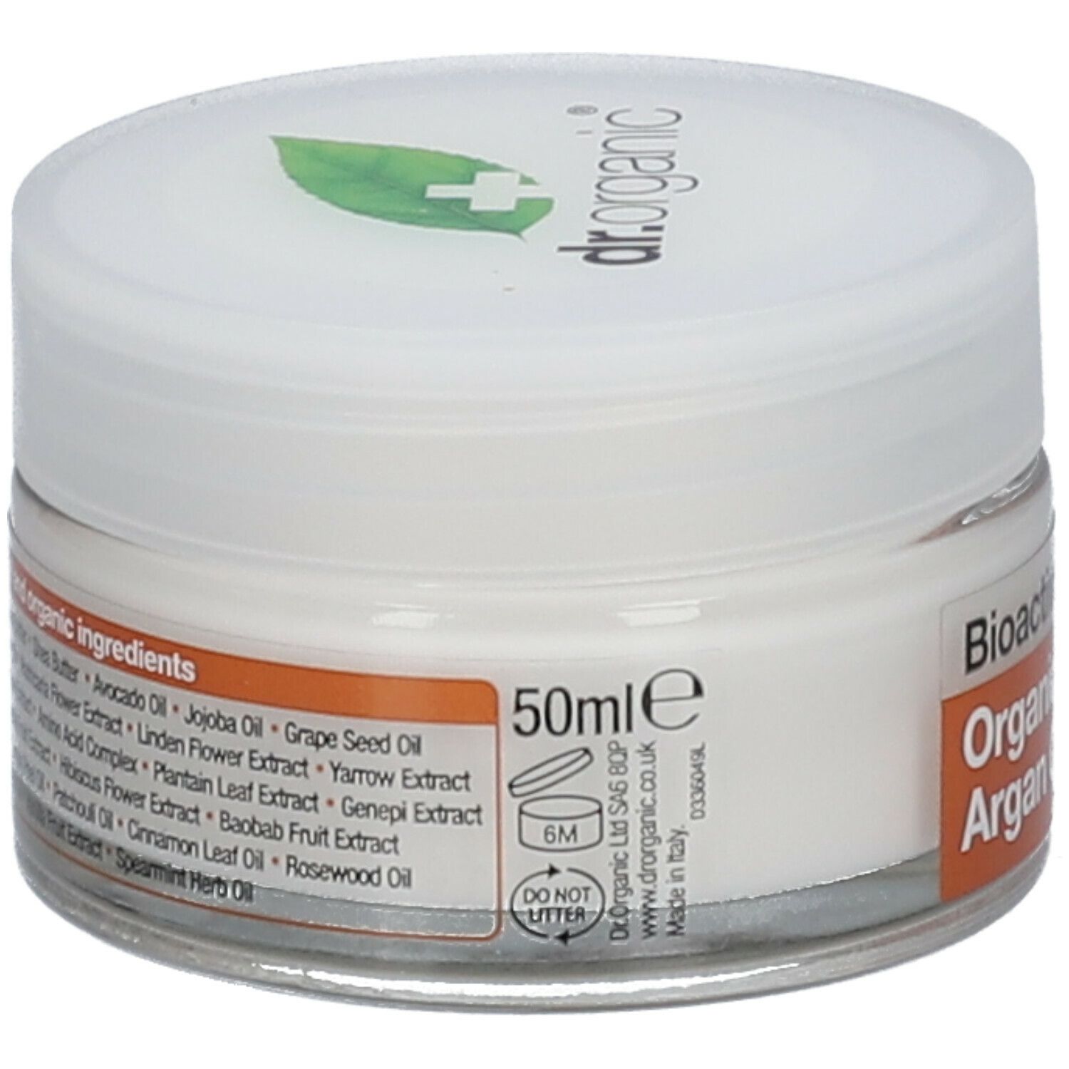 Vasetto di crema con coperchio bianco. Scritta: Bioactive Skincare, Organic Moroccan Argan Oil Night Cream. 50ml. Marchio: dr.organic.