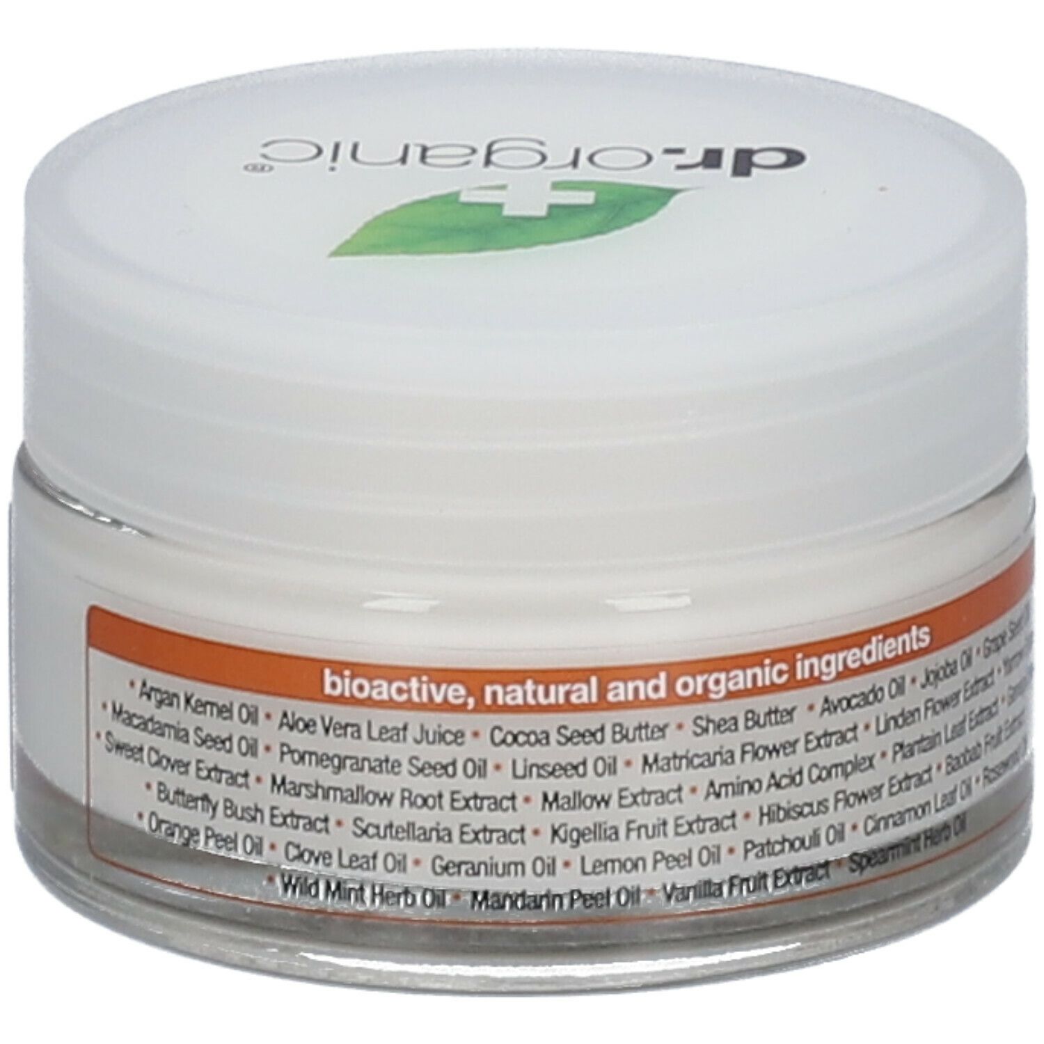 Vasetto di crema con coperchio bianco. Scritta: Ingredienti bioattivi e naturali. Marchio: dr.organic.