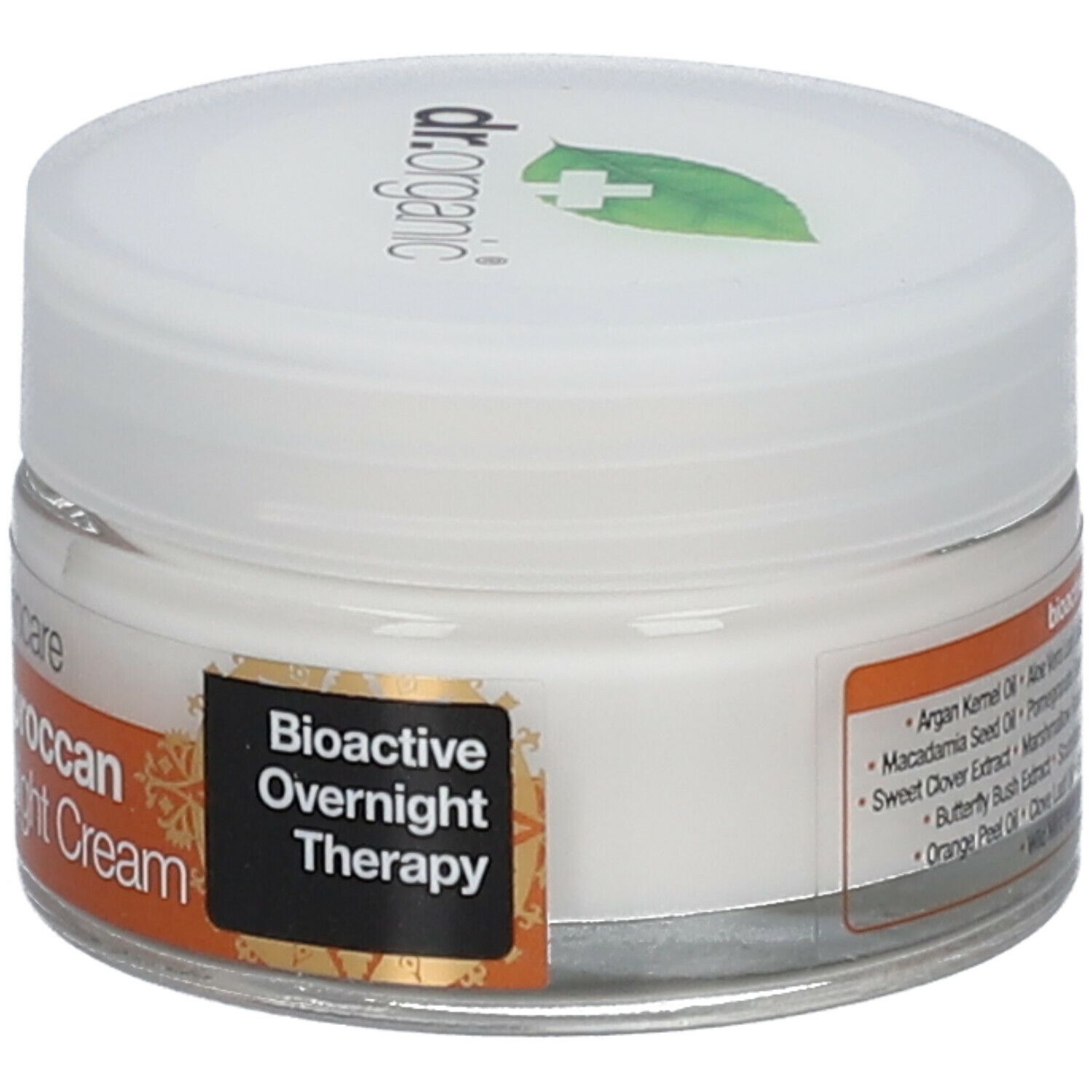 Vasetto di crema con coperchio bianco. Scritta: Bioactive Overnight Therapy. Organic Moroccan Argan Oil Night Cream. Marchio: dr.organic.