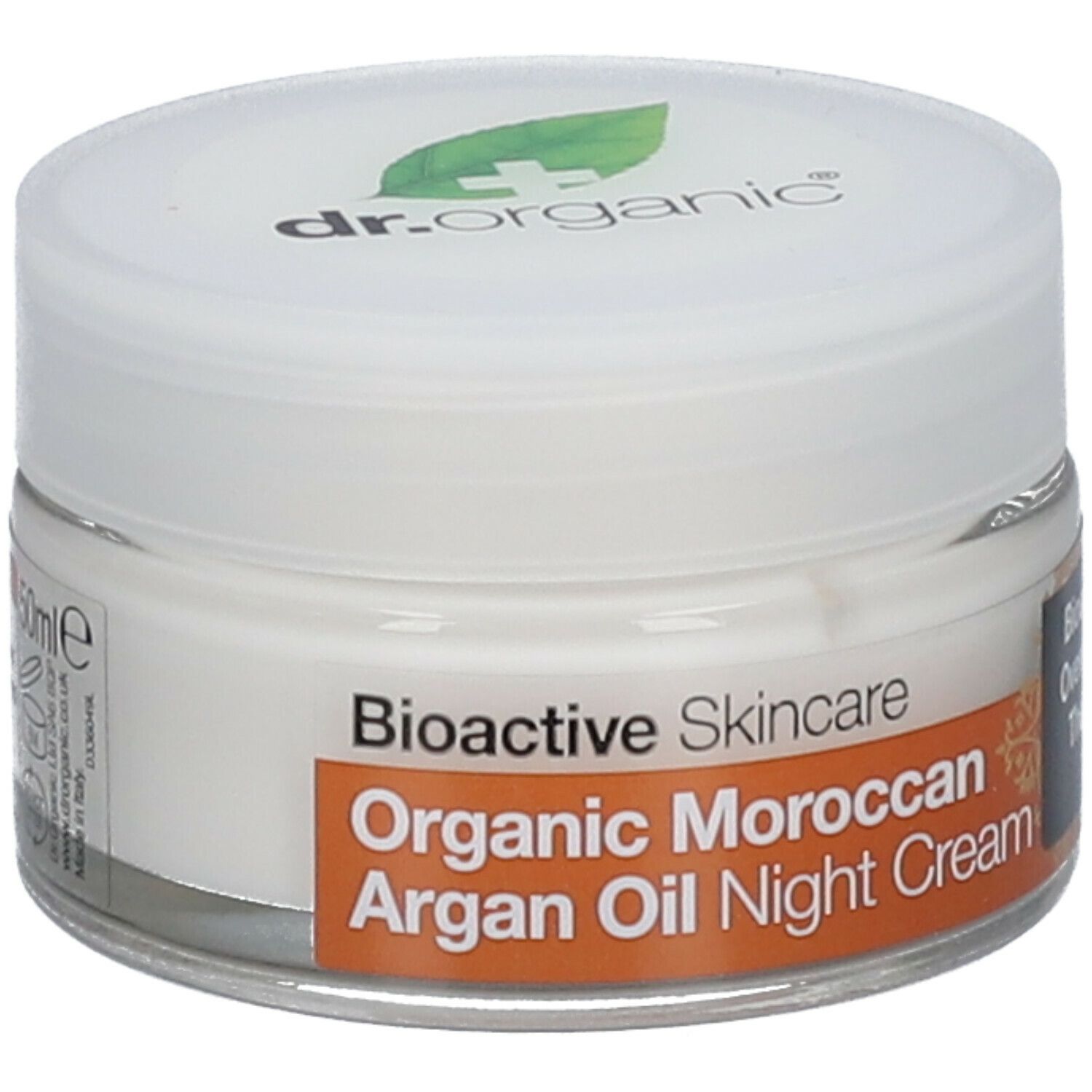 Vasetto di crema con coperchio bianco. Scritta: Bioactive Skincare, Organic Moroccan Argan Oil Night Cream. 50ml. Marchio: dr.organic.