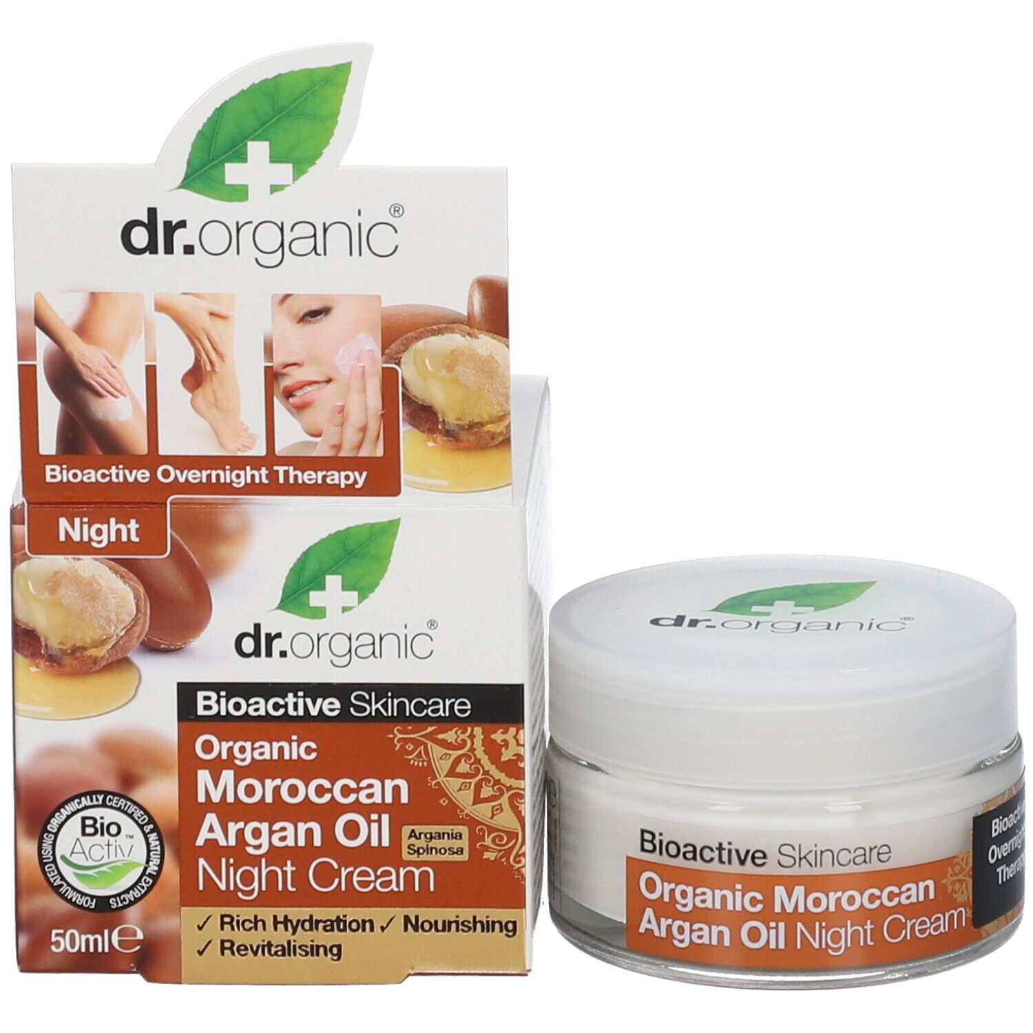 Confezione del prodotto e vasetto di crema. Confezione: Bioactive Overnight Therapy. Organic Moroccan Argan Oil Night Cream. Marchio: dr.organic.