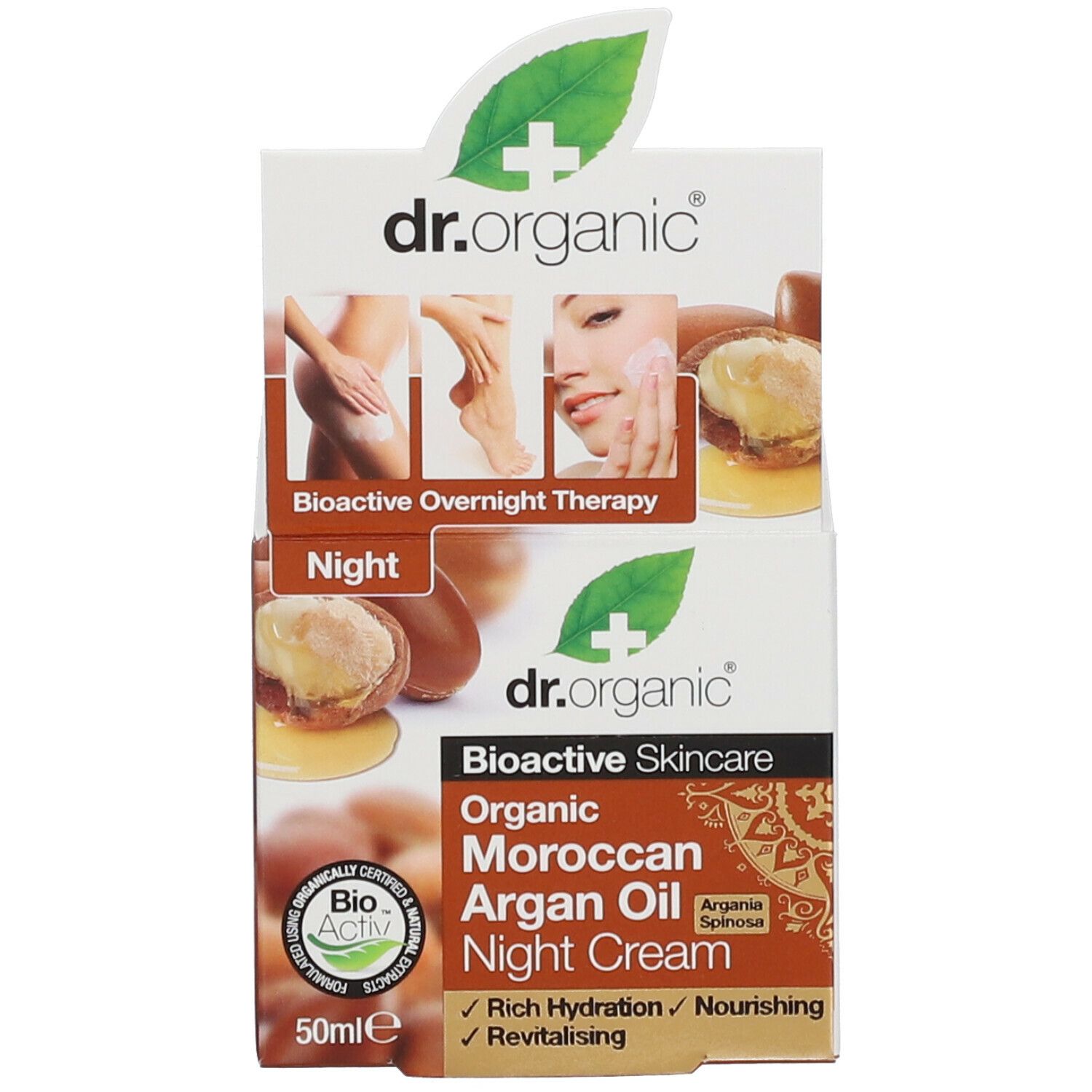 Confezione del prodotto. Bioactive Overnight Therapy. Organic Moroccan Argan Oil Night Cream. Marchio: dr.organic. 50ml.