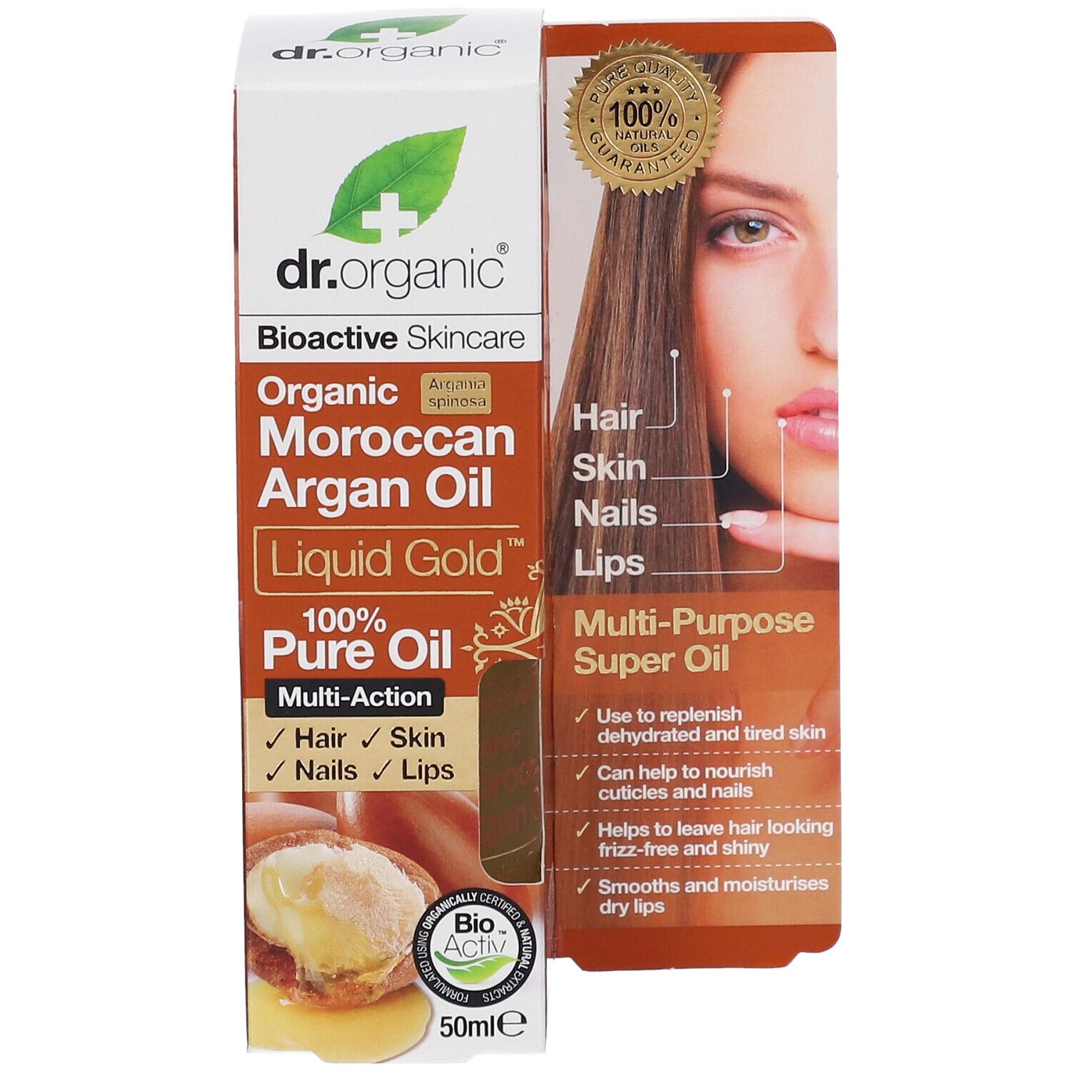Confezione di Dr. Organic Moroccan Argan Oil. Scritta: 100% Pure Oil. Olio multiuso per capelli, pelle, unghie e labbra.