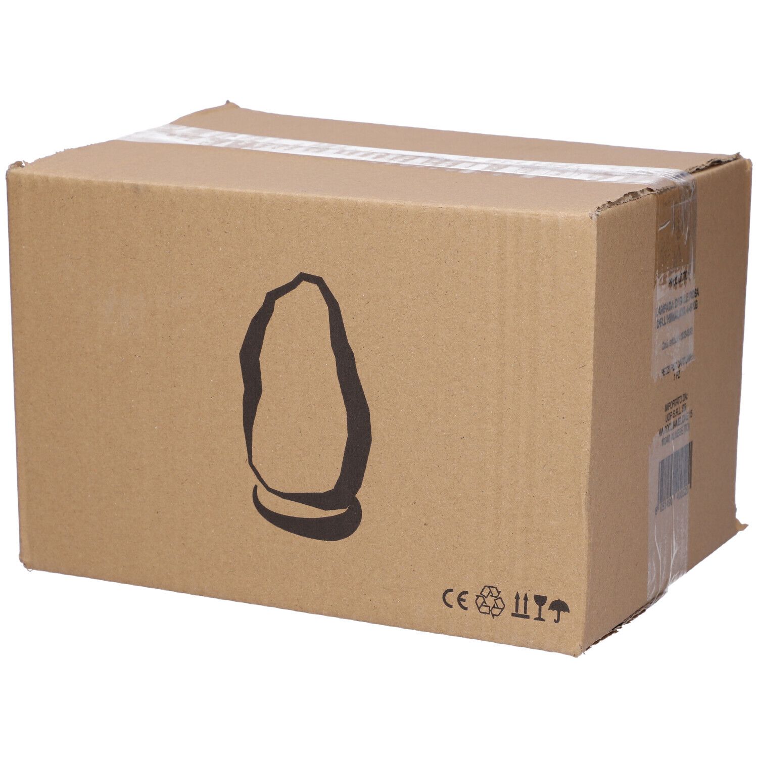 Confezione in cartone con disegno di una lampada di sale. Marchio CE e simboli di riciclaggio. Cartone marrone.