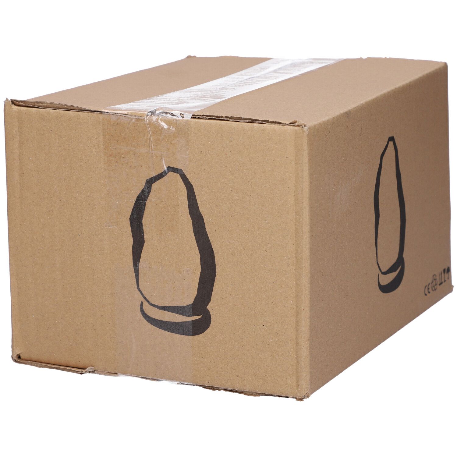 Confezione in cartone con disegno di una lampada di sale. Cartone marrone, nastro adesivo bianco. Marchio CE.