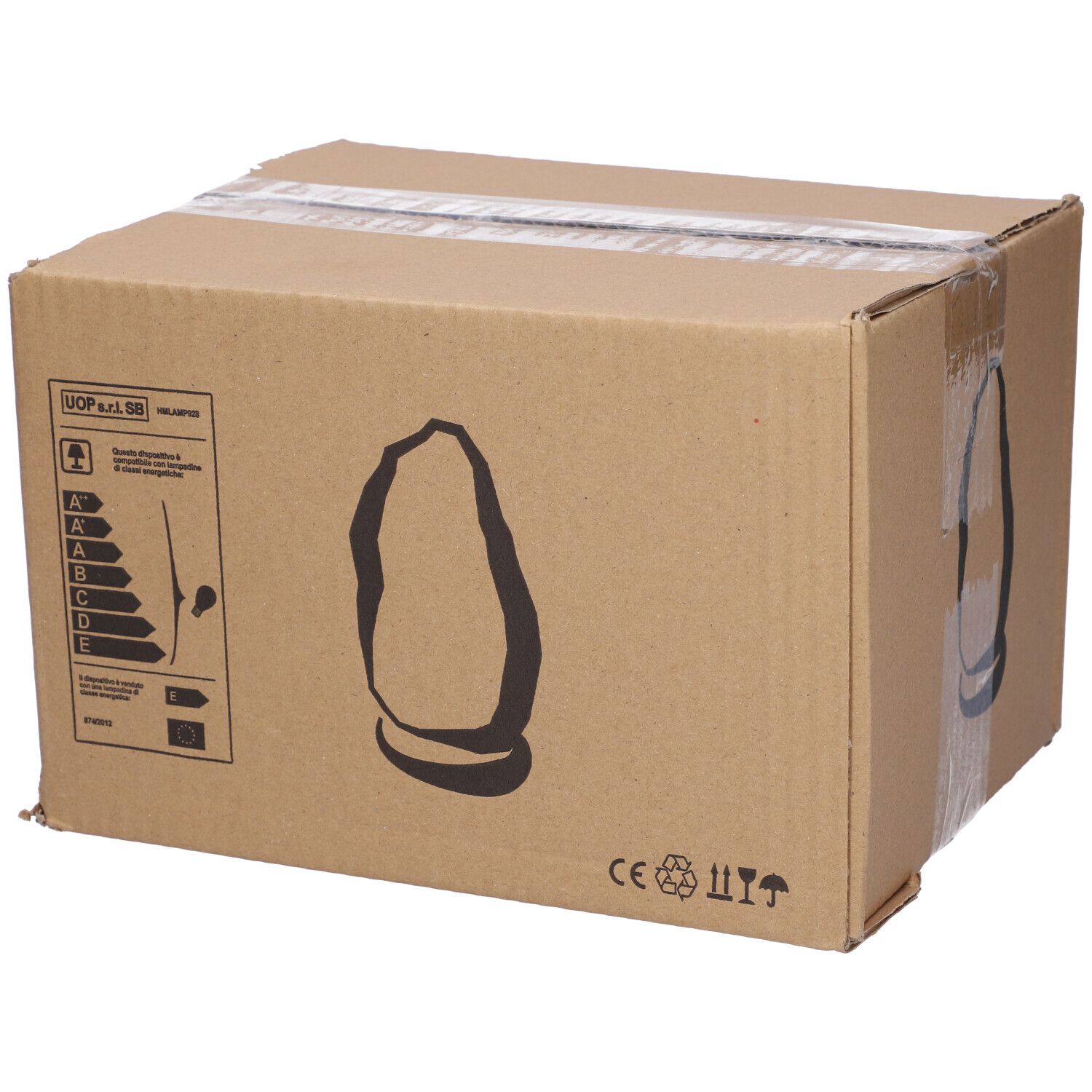 Confezione in cartone con disegno di una lampada di sale ed etichetta di efficienza energetica. Cartone marrone.