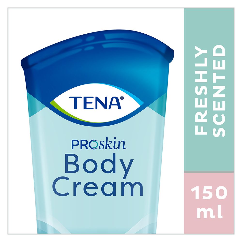 Primo piano del tubo di crema corpo Tena ProSkin. Blu e bianco. Testo: ProSkin Body Cream, 150 ml. Profumo fresco.